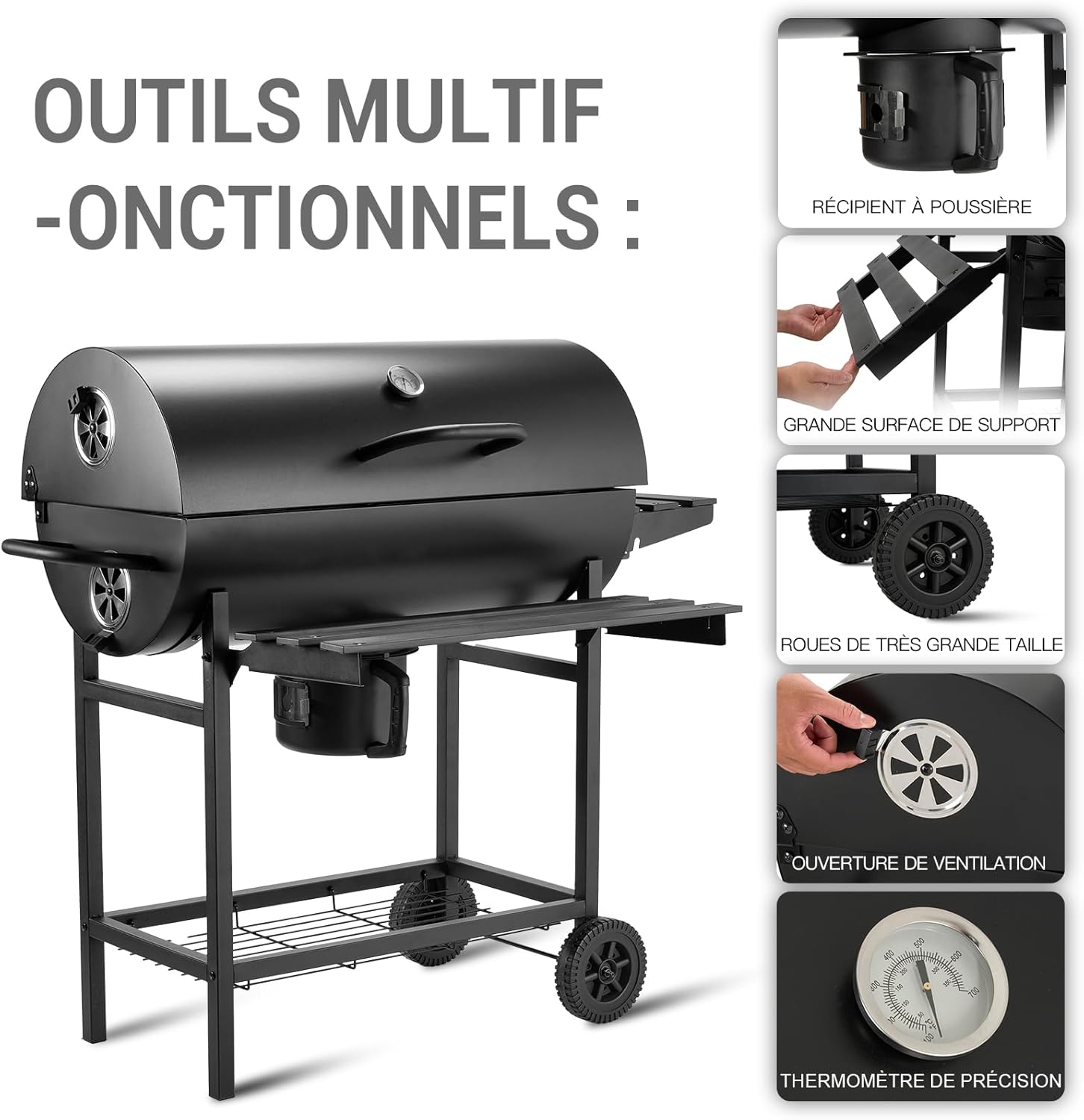 Barbecue au charbon de bois avec grille de cuisson XXL, gants anti-brûlures, thermomètre, tiroir à cendres, aérations réglables