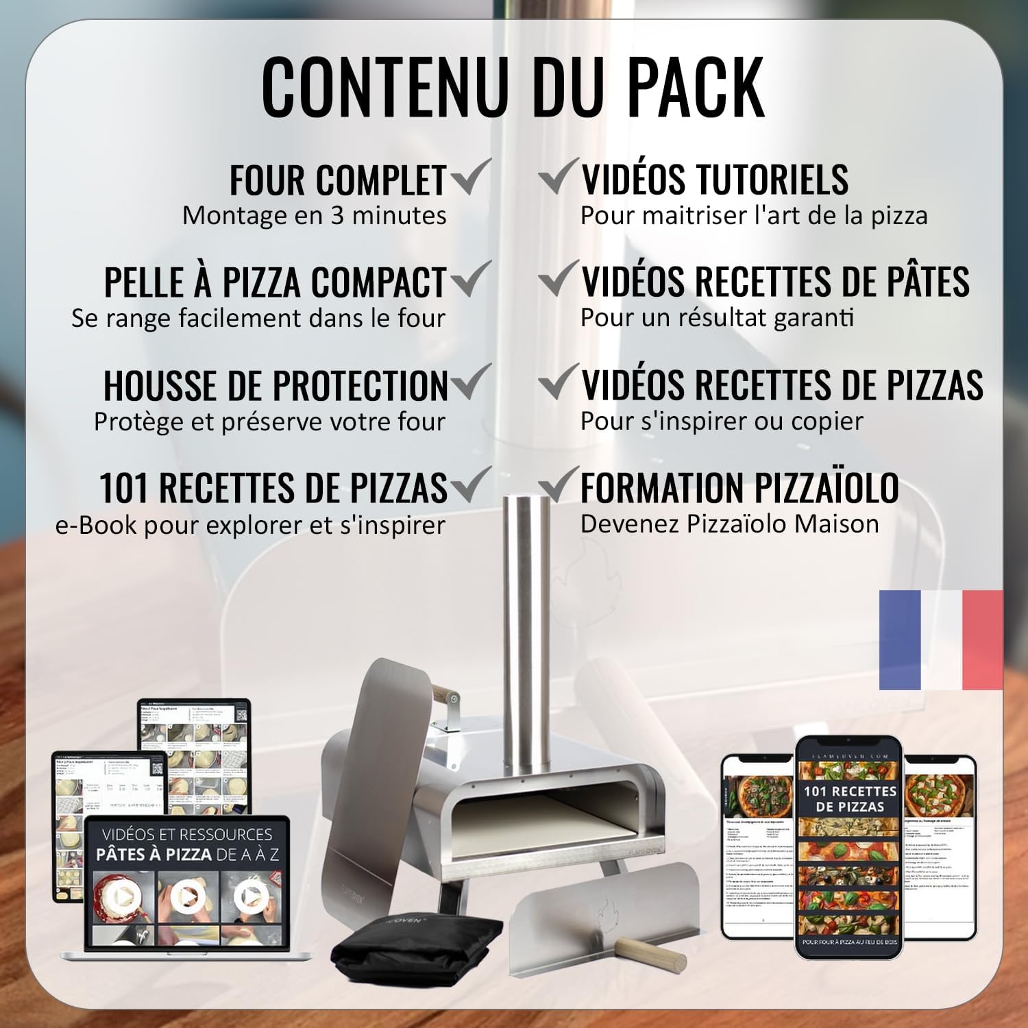Four à Pizza Extérieur au Feu de Bois ● Conçu en France ● Acier Premium ● Surface de Cuisson XXL ● Flux d'Air Réglable ● Art Culinaire & Savoir-faire ● Housse et Pelle ● Pierre de Cuisson ● FLAMEOVEN