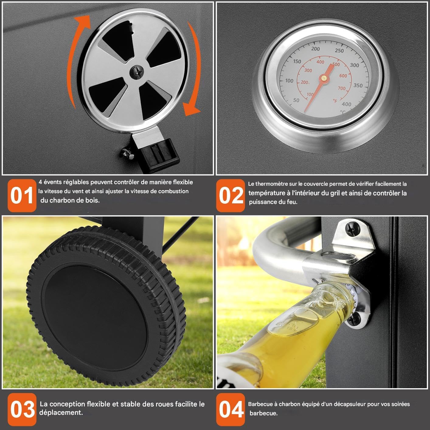 Barbecue Charbon de Bois, Chariot à Barbecue XXL, Grand Barbecue au Charbon de Bois, Grill à Charbon avec Couvercle, 2 Tables d'Appoint, Roues et Thermomètre, BBQ Fumoir, Barbecue de Jardin, Gris