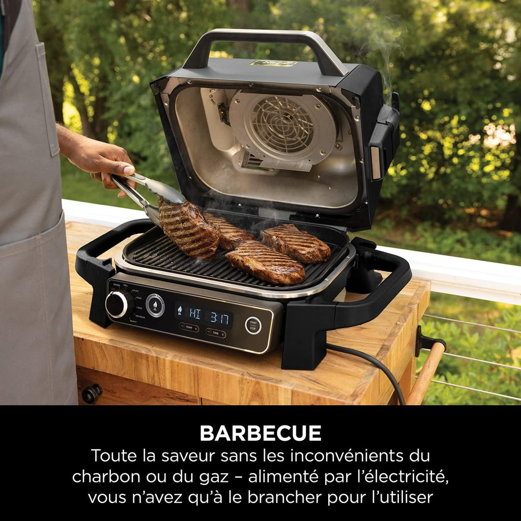 Barbecue et fumoir électrique Ninja Woodfire Pro Connect XL avec contrôle d'application, 2 sondes, grille, couvercle, doublures et brosse, gril et friteuse sans huile 7 en 1