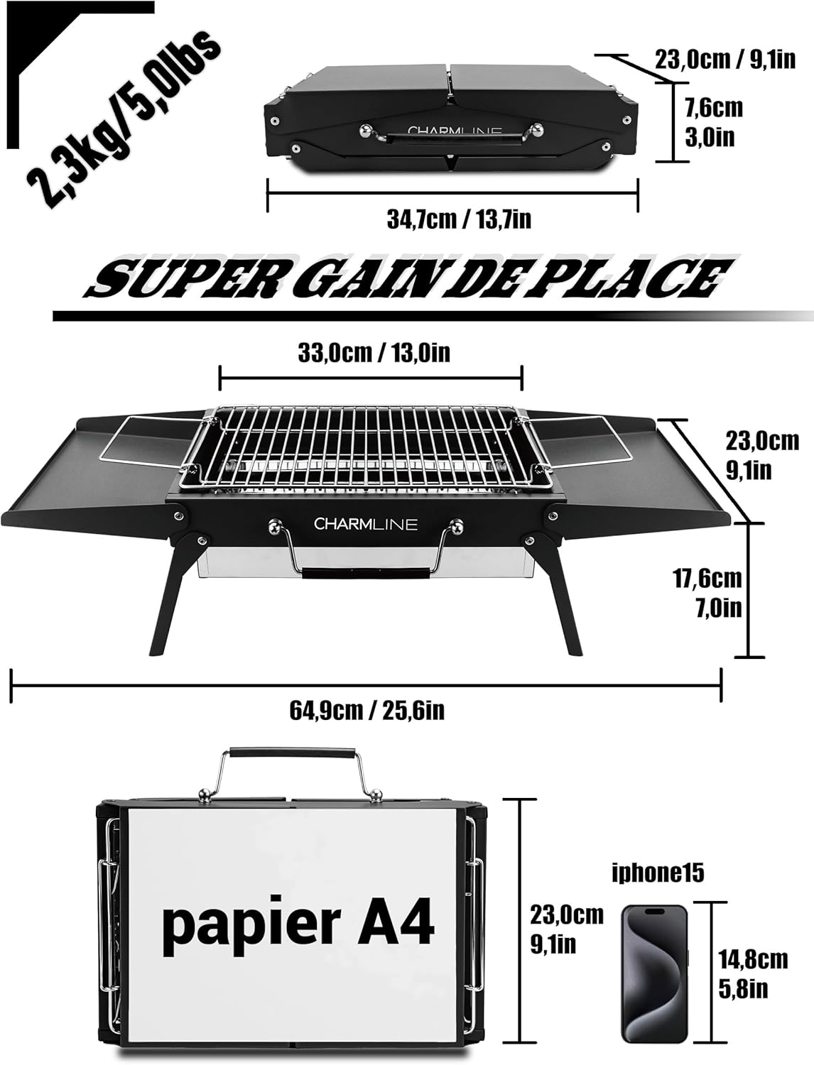 Barbecue portable compact au charbon de bois pour l'extérieur, 34 x 23 cm