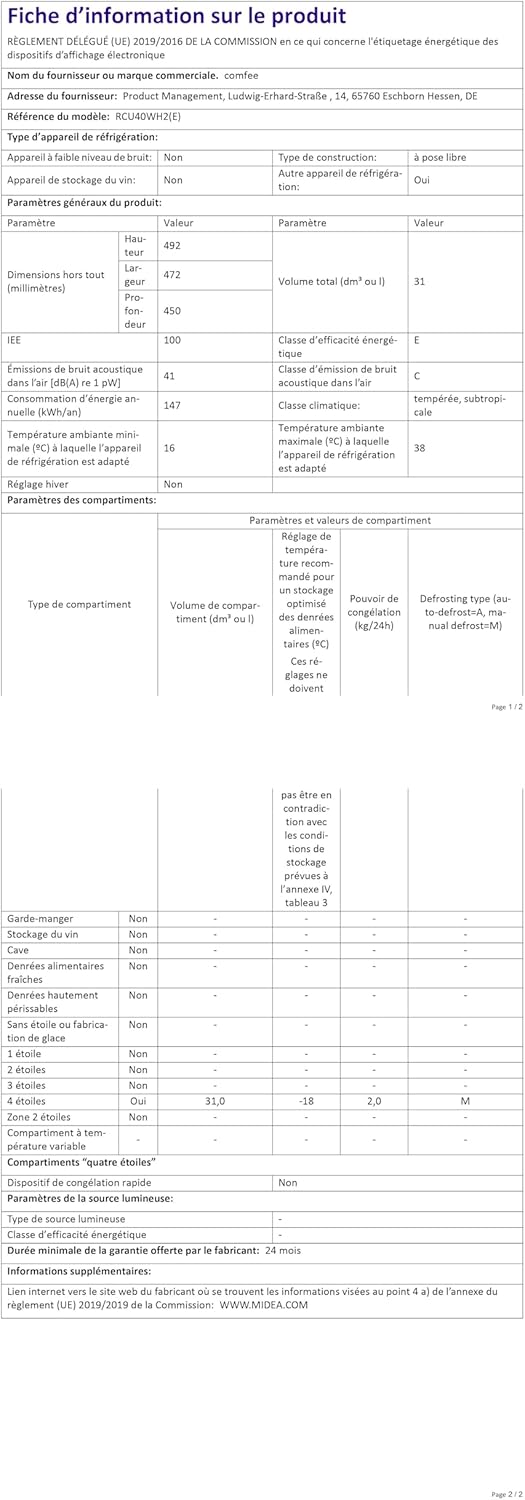 COMFEE' RCU40WH2(E) 31L Mini Congélateur, Porte Réversible, 4 Étoiles, Silencieux, pratique dans le Bureau, l'Hôtel et la Maison, Blanc