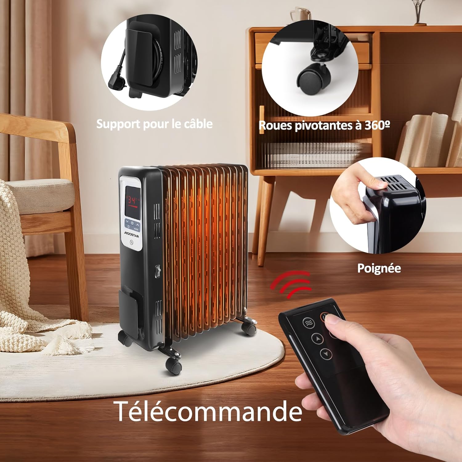 Aigostar Oil Monster 2500W olieverwarming, 13 verwarmingselementen, 3 standen + ECO, 24-uurs timer, instelbare thermostaat, LED-display, afstandsbediening, stil 