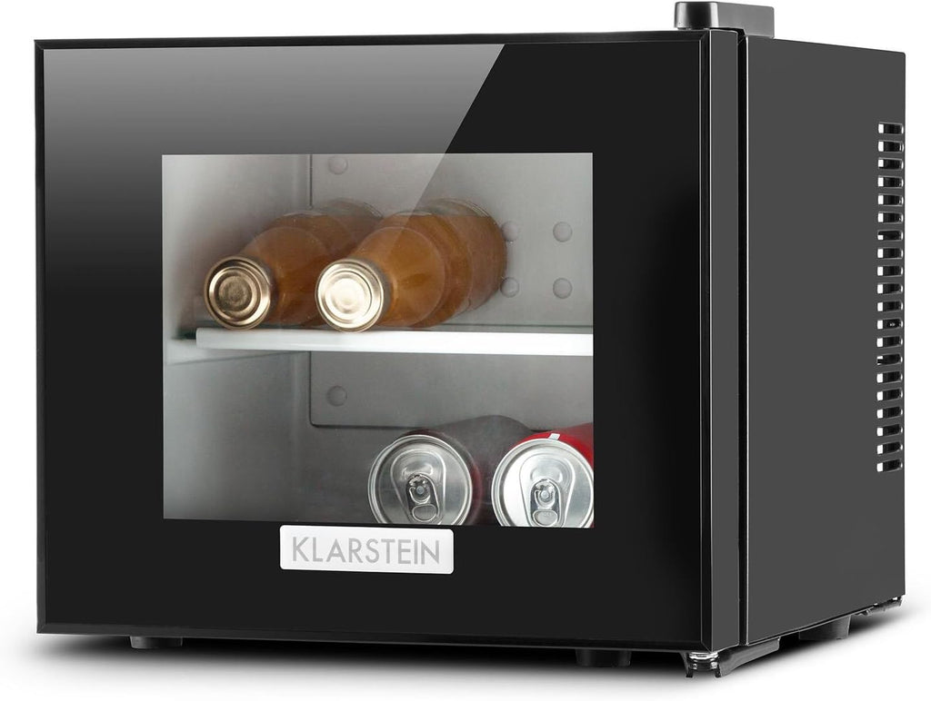 KLARSTEIN Frosty - Mini-réfrigérateur, Capacité de 10 litres, Compact, Eclairage intérieur LED blanc, 12 et 18 °C, Clayette en verre, Elégante porte, Nettoyage facile, Noir