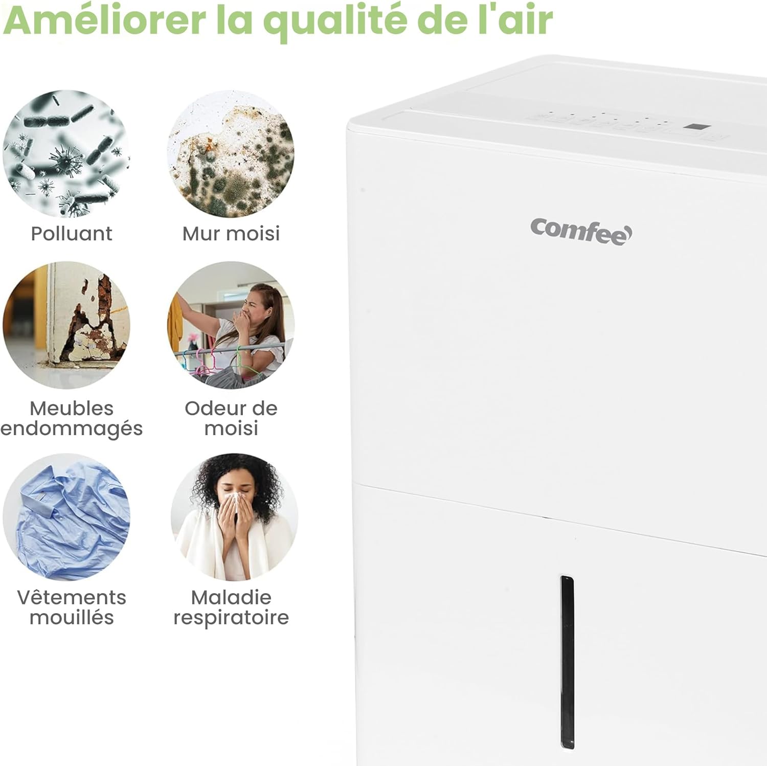 Déshumidificateur puissant COMFEE, absorbe jusqu'à 50 L/jour, sèche-linge, mode confort, grand réservoir de 6 L, minuterie 24 h, idéal pour les grandes pièces de 101 à 116 ㎡, MDDPE-50DEN7, cave, sous-sol
