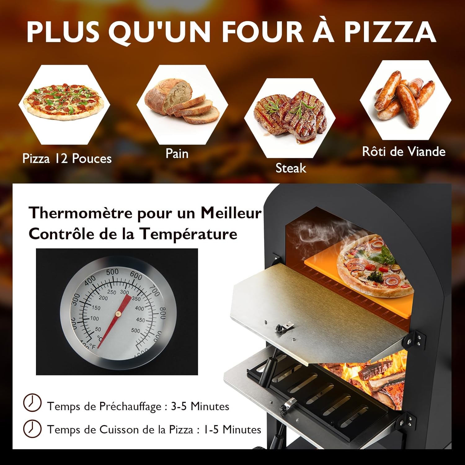 Four à pizza extérieur 162 cm four à pizza à bois ou à granulés avec pierre à pizza thermomètre grill spatule et accessoires complets cuisson pratique adapté au camping fête barbecue