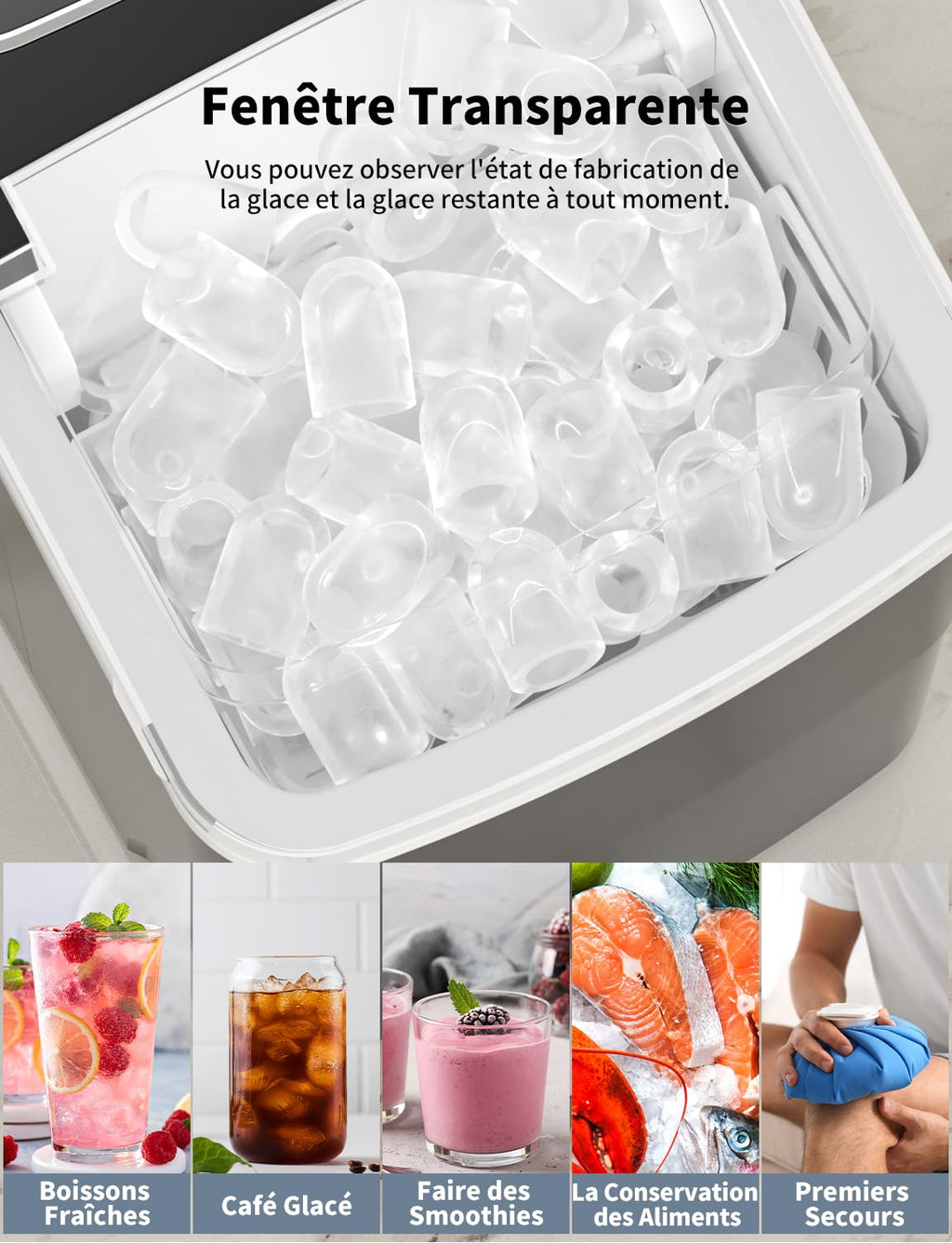 Machine à glaçons Produit 12 kg de glace en 24 heures Produit 9 glaçons en 6 à 8 minutes Livré avec une pelle à glace réversible et une poignée de transport