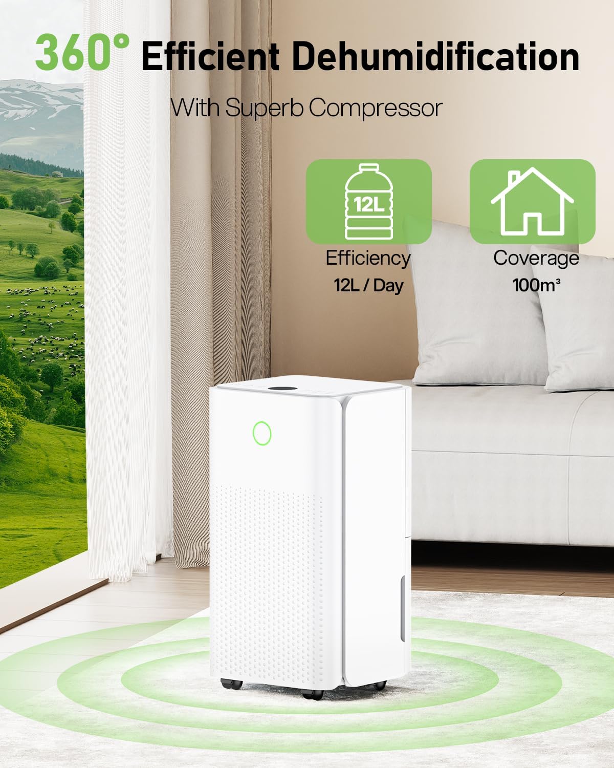 Deshumidificateur d air 12L/24h, Déshumidificateur Electrique avec Compresseur, 3 Modes, Déshumidification Automatique, Drainage Continu, 24h Minuterie, Contre l'humidité pour Maison/Appartement/Cave