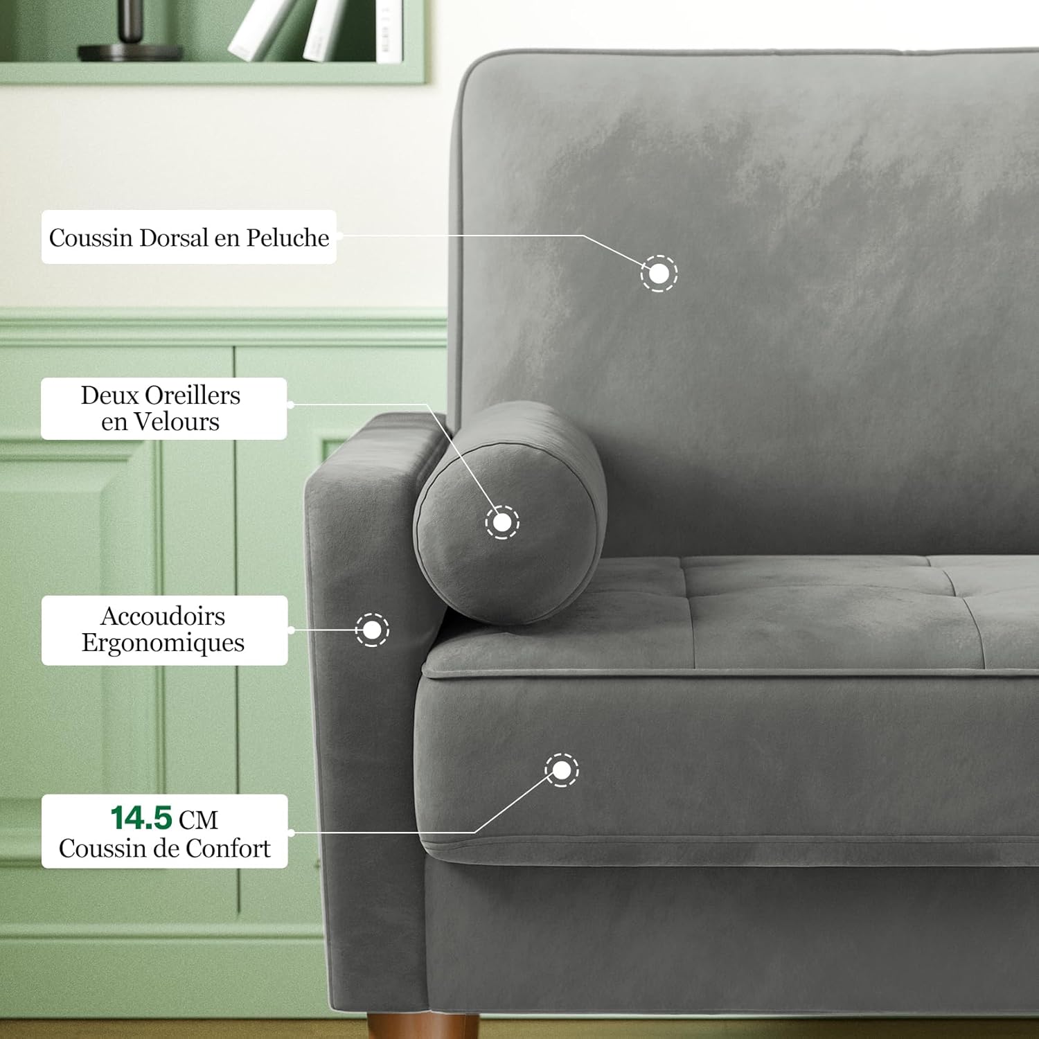 Vesgantti petit canapé gris, canapé en velours avec coussins à ressorts, accoudoirs