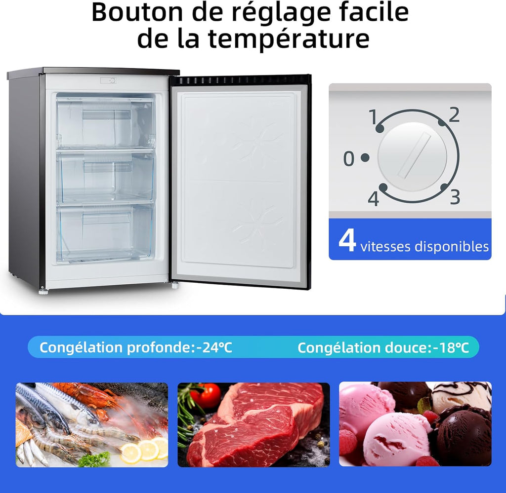CHiQ Congélateur d'une capacité de 145 L, Congélation rapide, Thermostat réglable Silencieux Porte réversible, Noir, Classe énergétique E