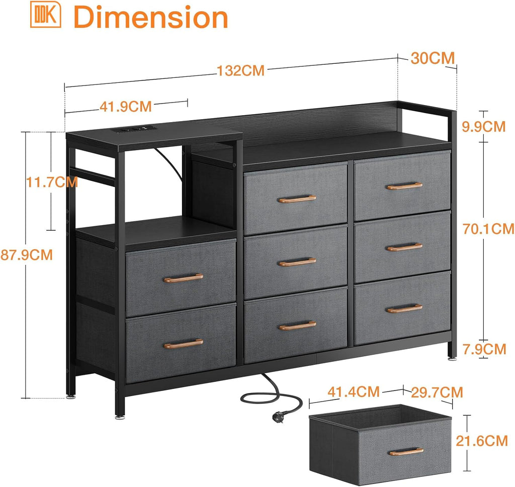 ODK Slaapkamerkast met 2 USB-poorten en 2 stopcontacten, multifunctionele ladekast voor slaapkamer en woonkamer – Stabiel en duurzaam dressoir, 132 x 30 x 88 cm, Vintage en zwart 