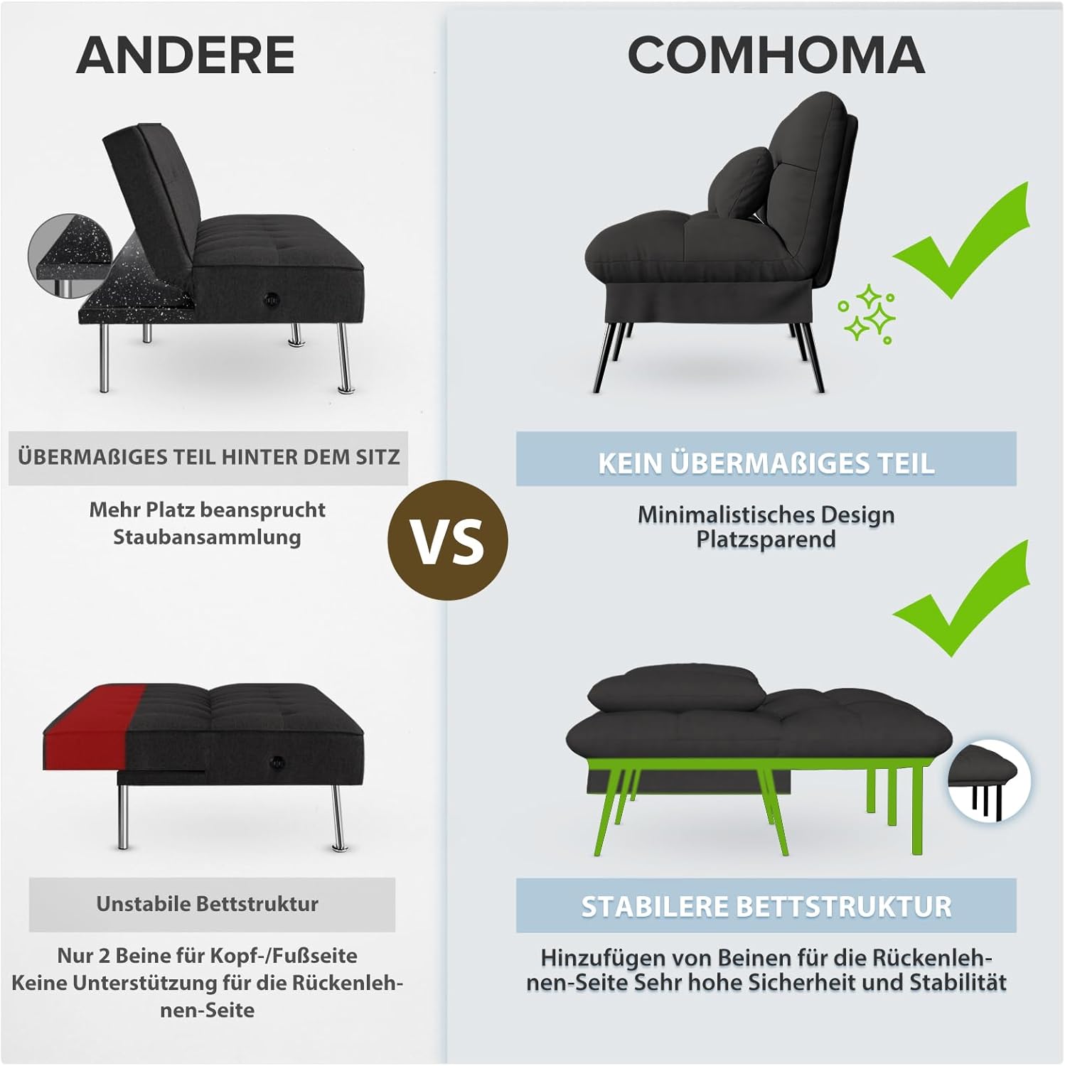 COMHOMA Slaapbank met slaapfunctie - Omvormbare futonhoes - Hoekbank - 3-zits gastenbank - met verstelbare stoffen rugleuning - Grijs 