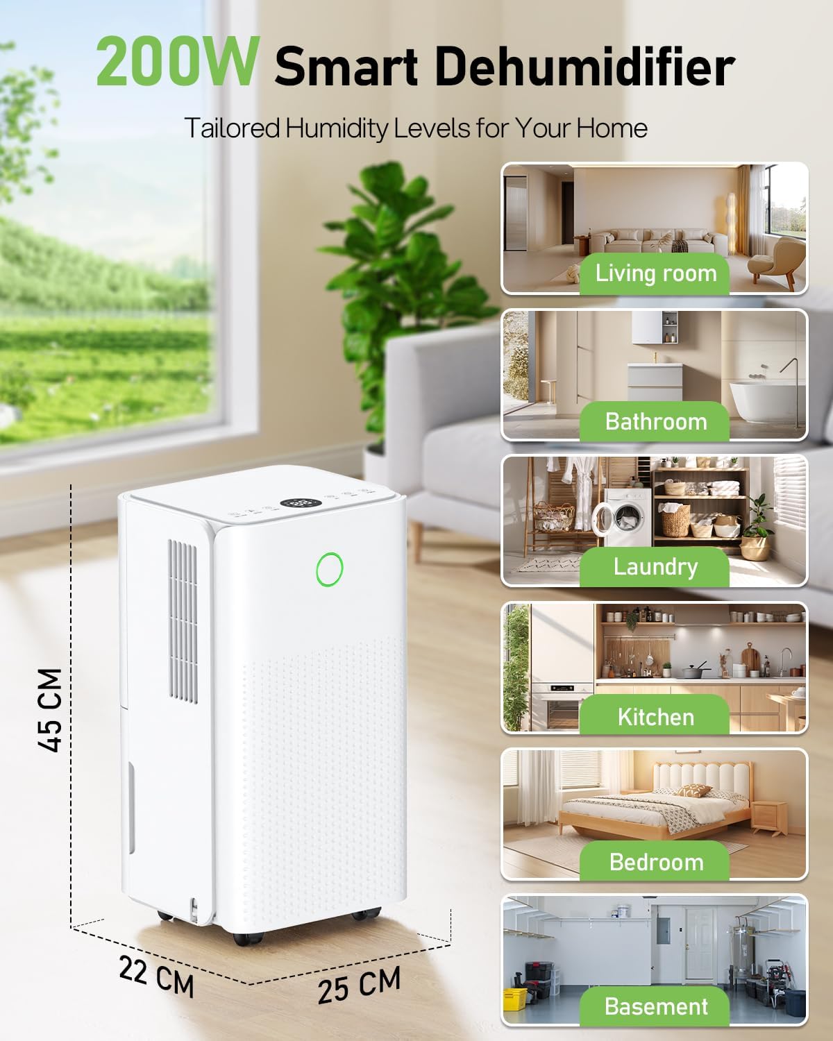 Deshumidificateur d air 12L/24h, Déshumidificateur Electrique avec Compresseur, 3 Modes, Déshumidification Automatique, Drainage Continu, 24h Minuterie, Contre l'humidité pour Maison/Appartement/Cave