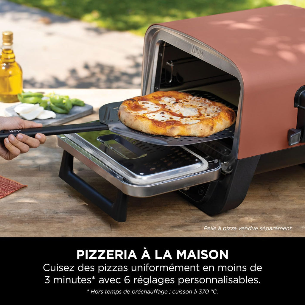 Ninja Artisan Four à pizza et friteuse sans huile électrique d’extérieur, avec 4 modes : Pizza, Frire sans huile, Cuire au four, Faire lever, Avec pierre, pelle, plateau, panier Crousti, Gris MO201EU