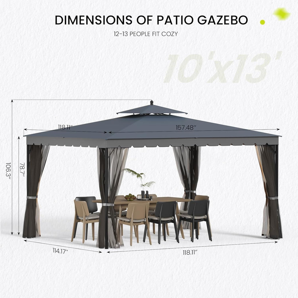 Tonnelle 10x12 avec écran, tonnelle d'extérieur en métal robuste, tente à auvent à cadre robuste avec double toit gonflable, tonnelle de patio coupe-vent et imperméable