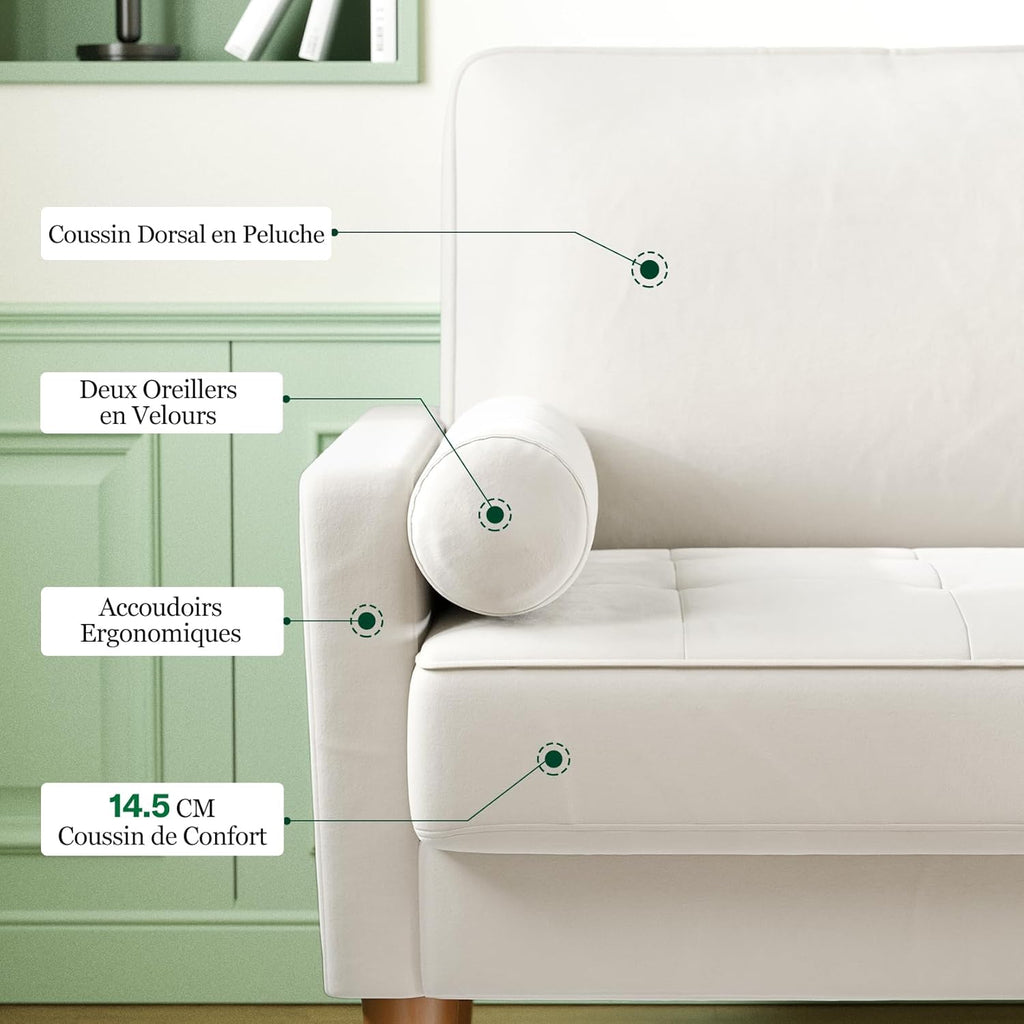 Vesgantti petit canapé gris, canapé en velours avec coussins à ressorts, accoudoirs