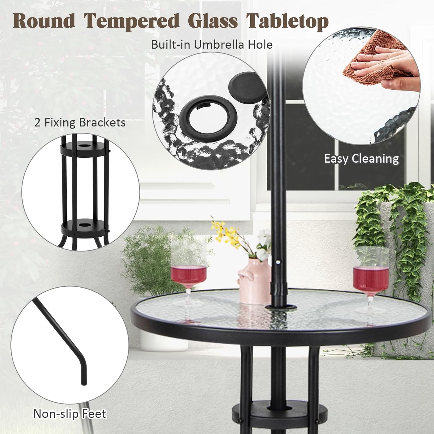 Ensemble bistrot KOMFOTTEU, salon de jardin avec parasol, table avec trou pour parasol, 2 chaises pliantes, ensemble table et chaises de patio, mobilier d'extérieur pour balcon