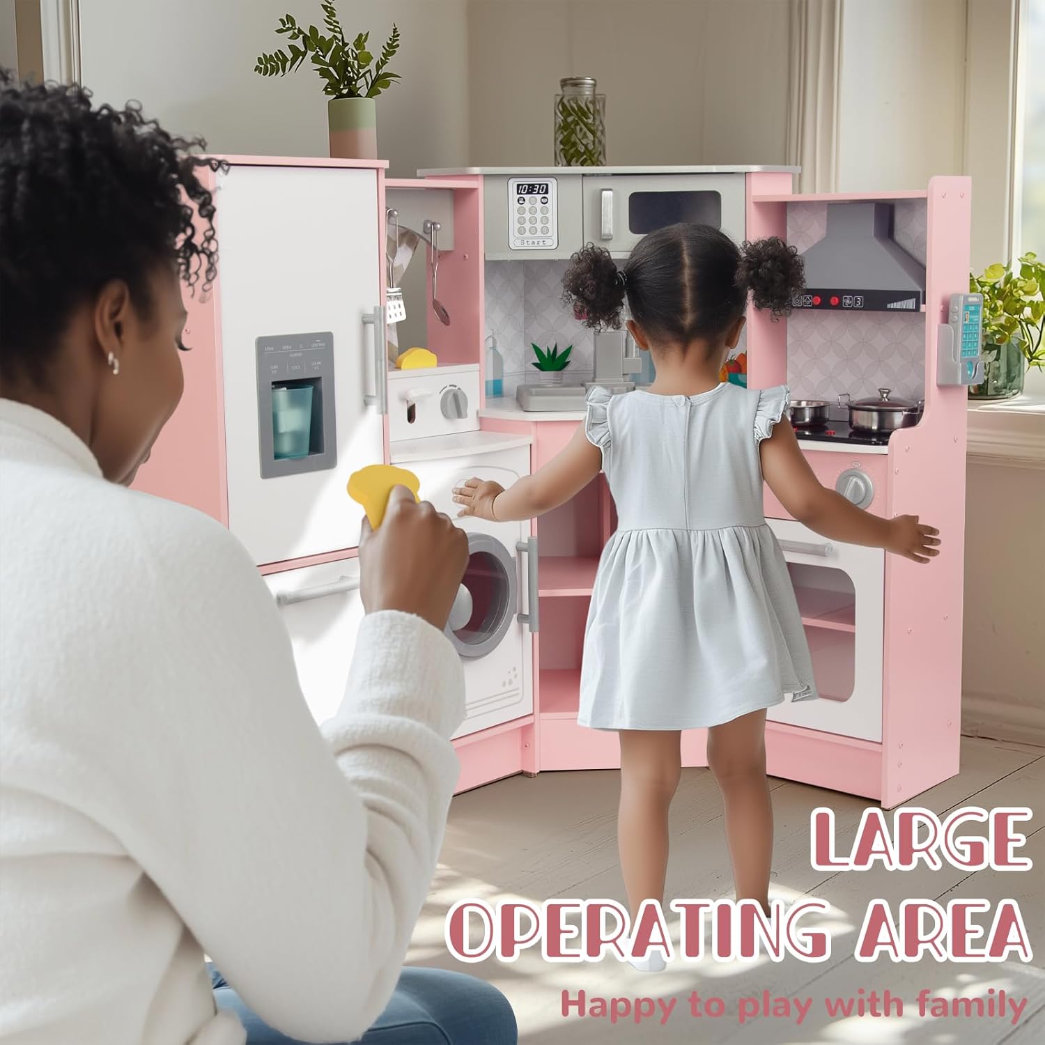 Cuisine enfant en bois rose avec évier, cuisinière et four, cuisine jouet en bois et accessoires pour enfants de 3 ans et plus (rose 2)