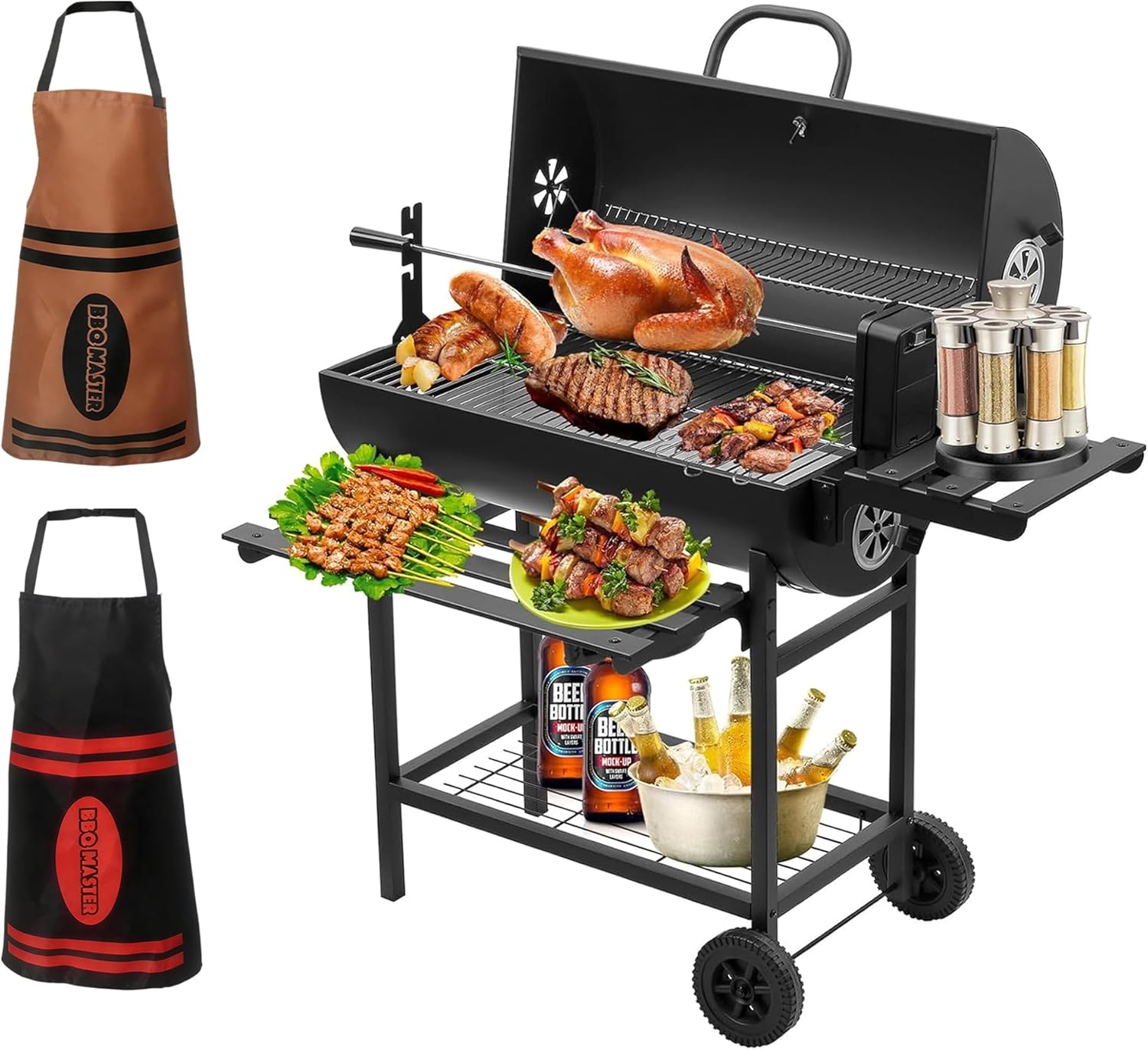 Grill à charbon TEENO, gril de cuisson XXL, gants anti-brûlure, thermomètre, tiroir à cendres,