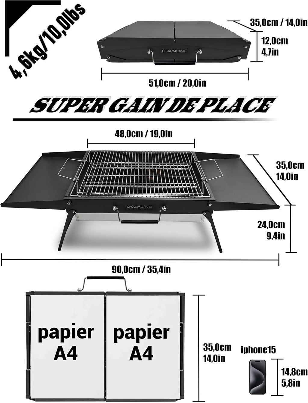 Barbecue portable compact au charbon de bois pour l'extérieur, 34 x 23 cm
