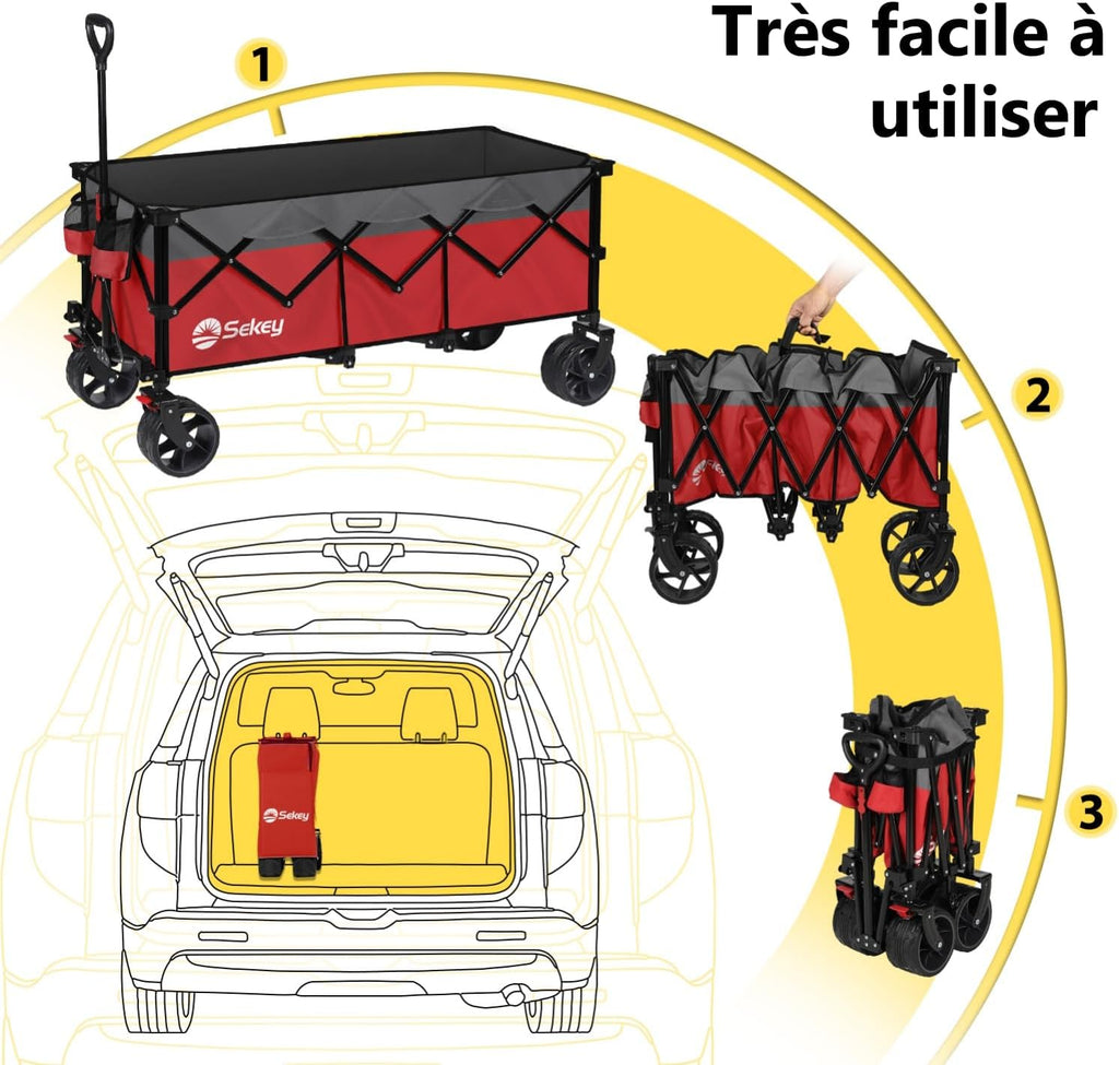 Chariot de transport pliable Sekey XXXL avec frein, chariot de jardin de plage