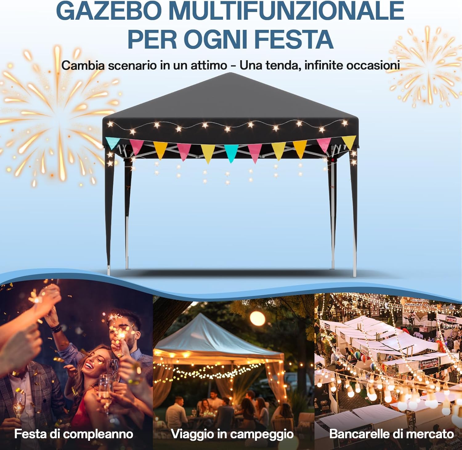 JUMMICO Waterdichte opvouwbare tuinpaviljoen, tuinpaviljoen voor buiten, in hoogte verstelbaar, Barnum UV50+, paviljoen voor kamperen, festivals, strand, tuinen 