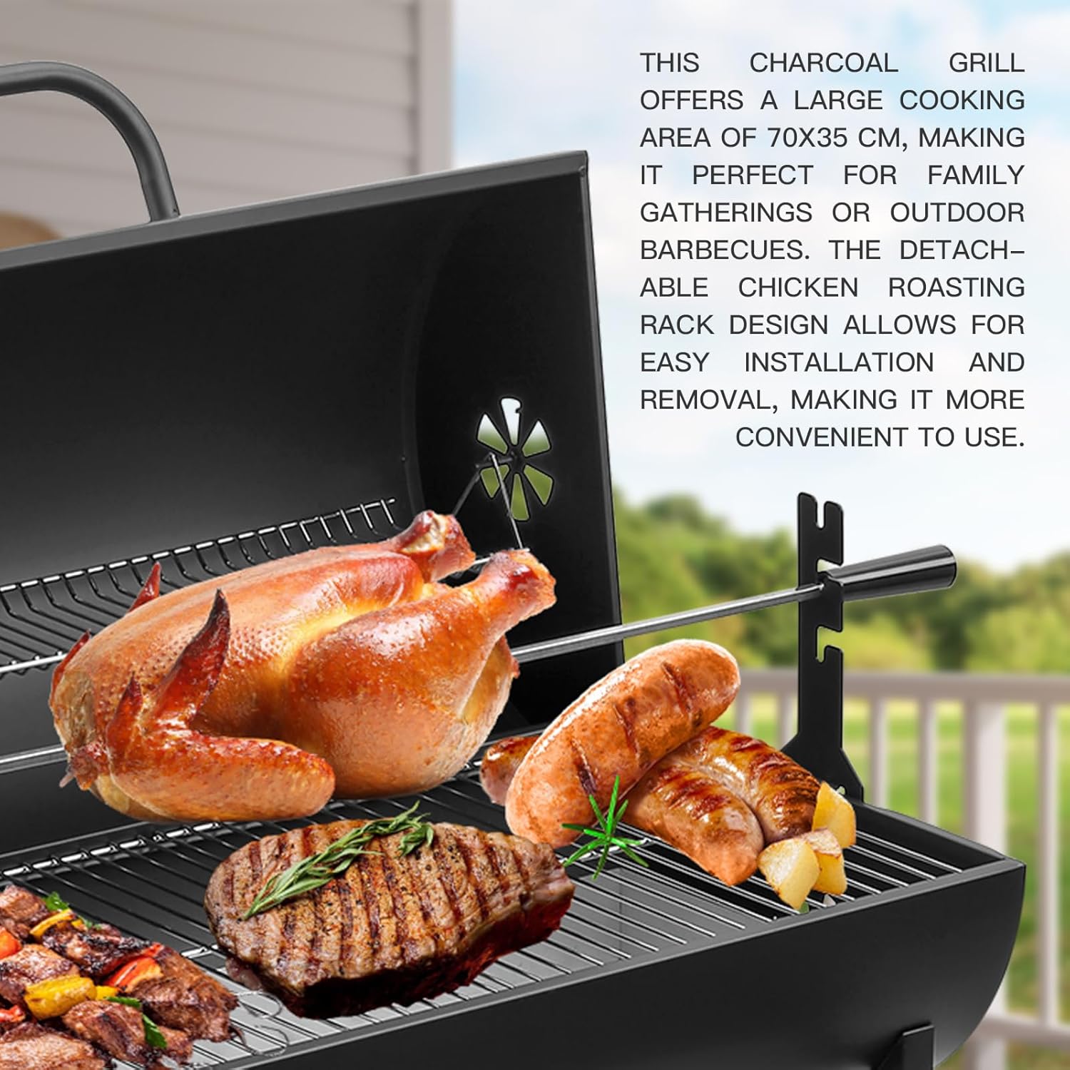 Grill à charbon TEENO, gril de cuisson XXL, gants anti-brûlure, thermomètre, tiroir à cendres,