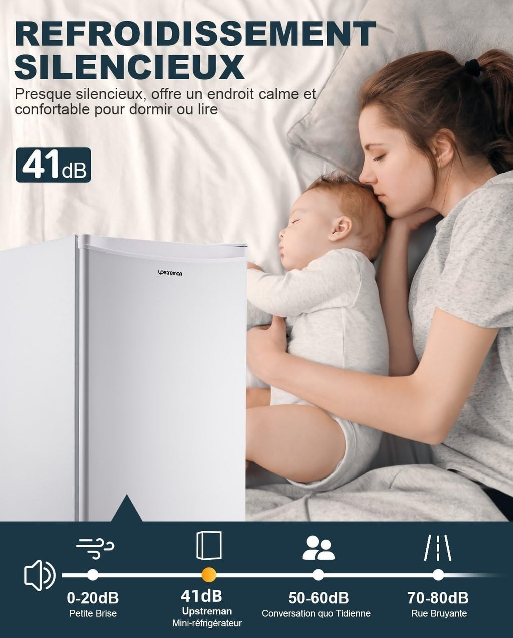 Mini réfrigérateur avec compartiment congélateur, bac à légumes 91L, thermostat réglable, silencieux