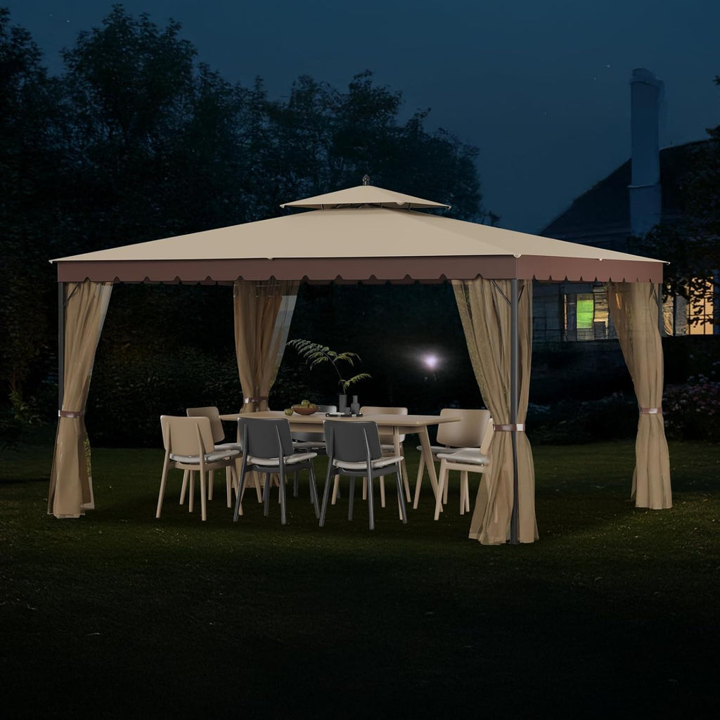 Tonnelle 10x12 avec écran, tonnelle d'extérieur en métal robuste, tente à auvent à cadre robuste avec double toit gonflable, tonnelle de patio coupe-vent et imperméable