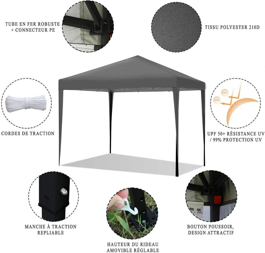 ISE opvouwbare partytent, 3x3 opvouwbare partytent met gordijnen, tuinpaviljoen, in hoogte verstelbare opvouwbare partytent, 3x3 tent, tuinpaviljoen met UV50+ bescherming, duurzame campingpartytenten 