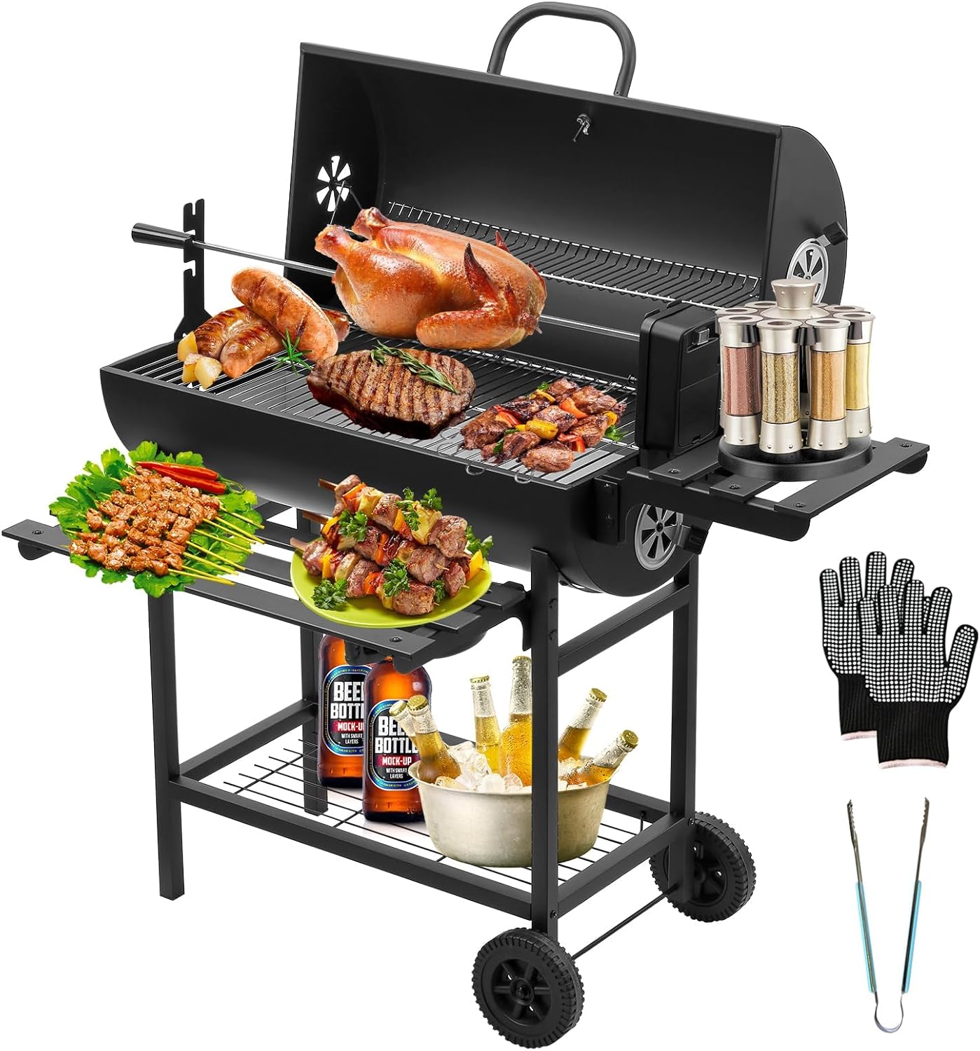 Grill à charbon TEENO, gril de cuisson XXL, gants anti-brûlure, thermomètre, tiroir à cendres,