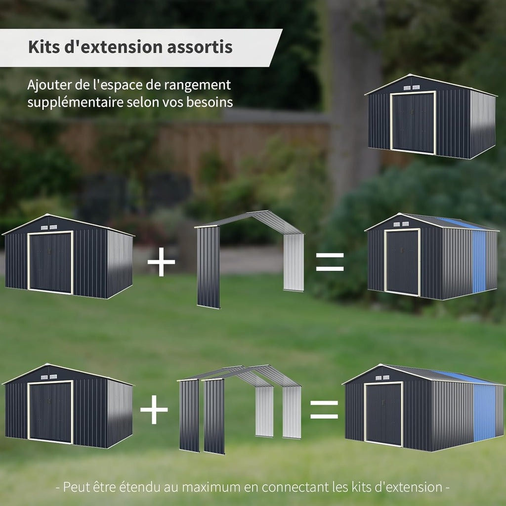 Abri de jardin en métal Costway + 1 kit d'extension avec 2 portes coulissantes verrouillables, 4 trous de ventilation, toit incliné pour vélo