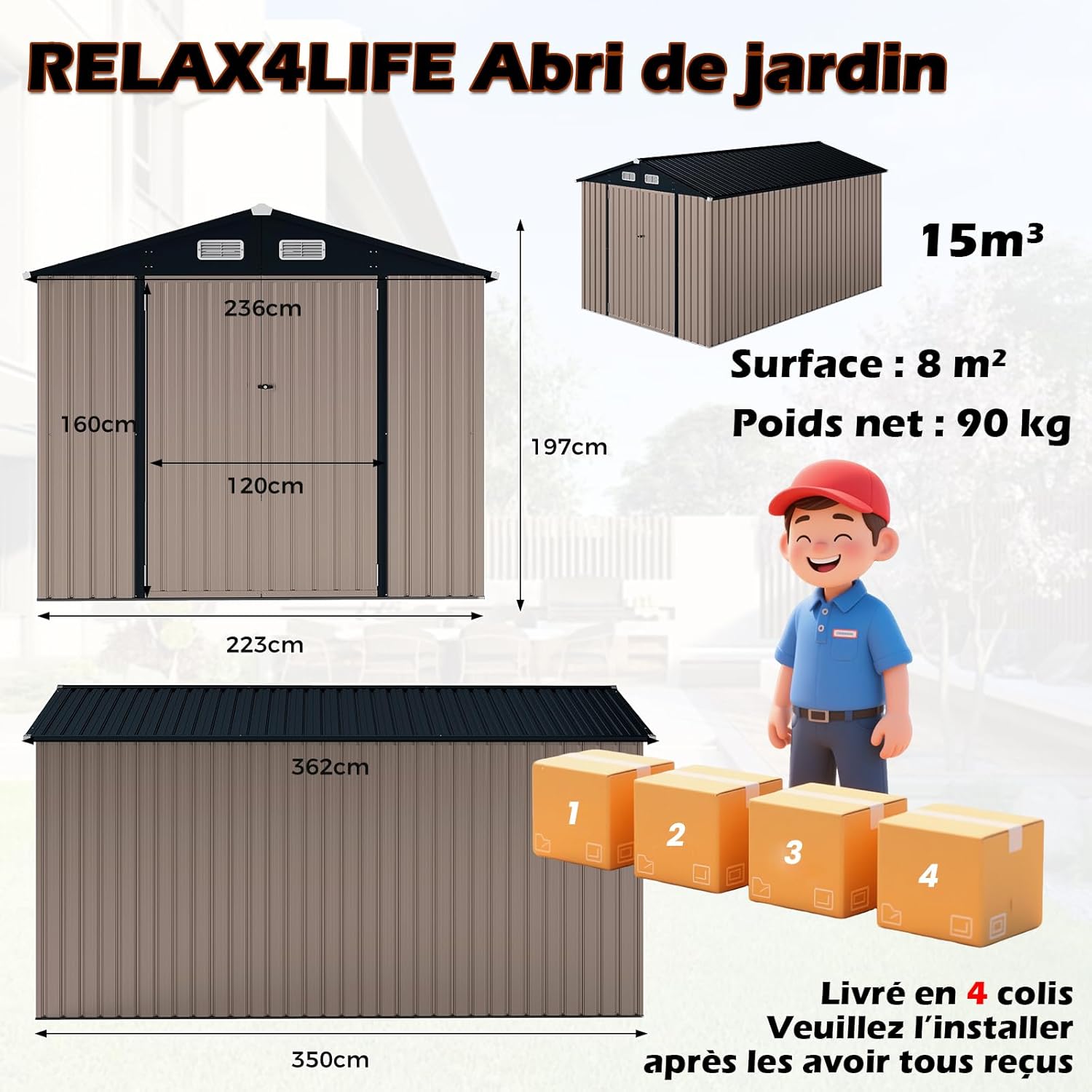 RELAX4LIFE Abri de Jardin en Métal 350x223x197cm, Cabane de Stockage 15m3 8m2 avec 2 Portes, Toit Incliné, Fenêtre de Ventilation pour Vélo Tondeuse, Organisateur Extérieur pour Jardin Patio (15m³)