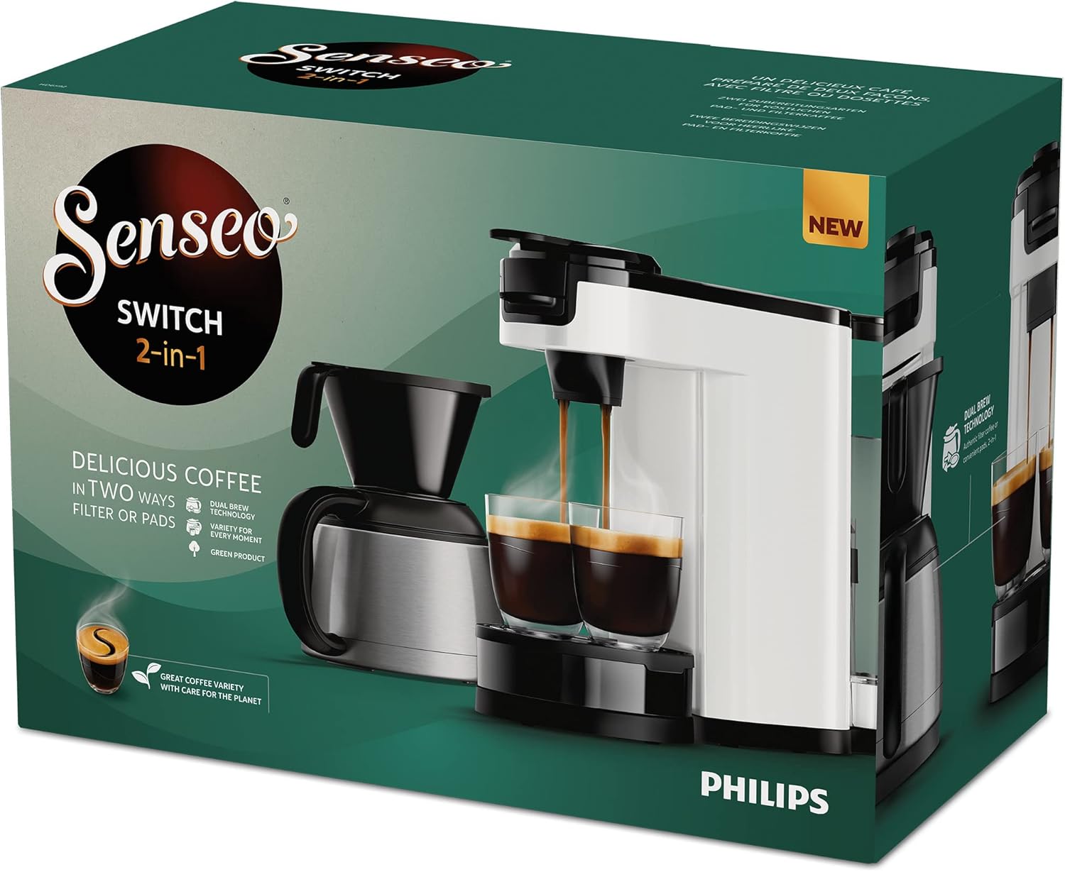 Philips Senseo Switch Machine à Café à Dosettes et Filtre - Technologie 2 en 1, Réservoir d'Eau de 1 L, 7 Tasses en une Seule Fois, Couleur Blanc Titane (HD6592/05)