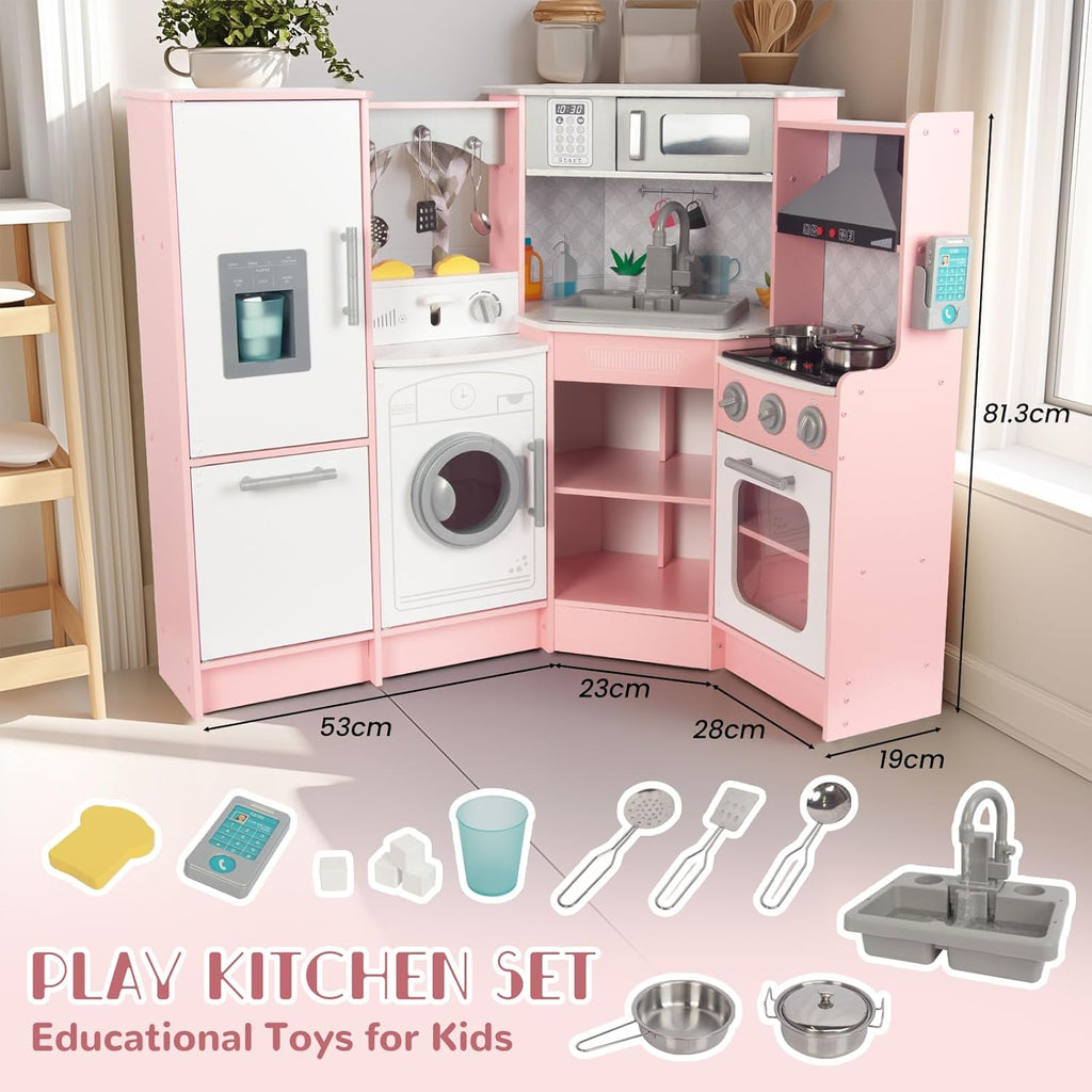 Cuisine enfant en bois rose avec évier, cuisinière et four, cuisine jouet en bois et accessoires pour enfants de 3 ans et plus (rose 2)