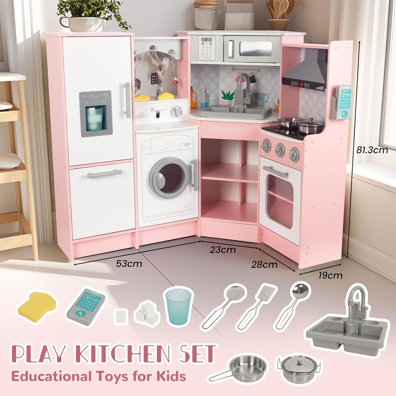 Cuisine enfant en bois rose avec évier, cuisinière et four, cuisine jouet en bois et accessoires pour enfants de 3 ans et plus (rose 2)