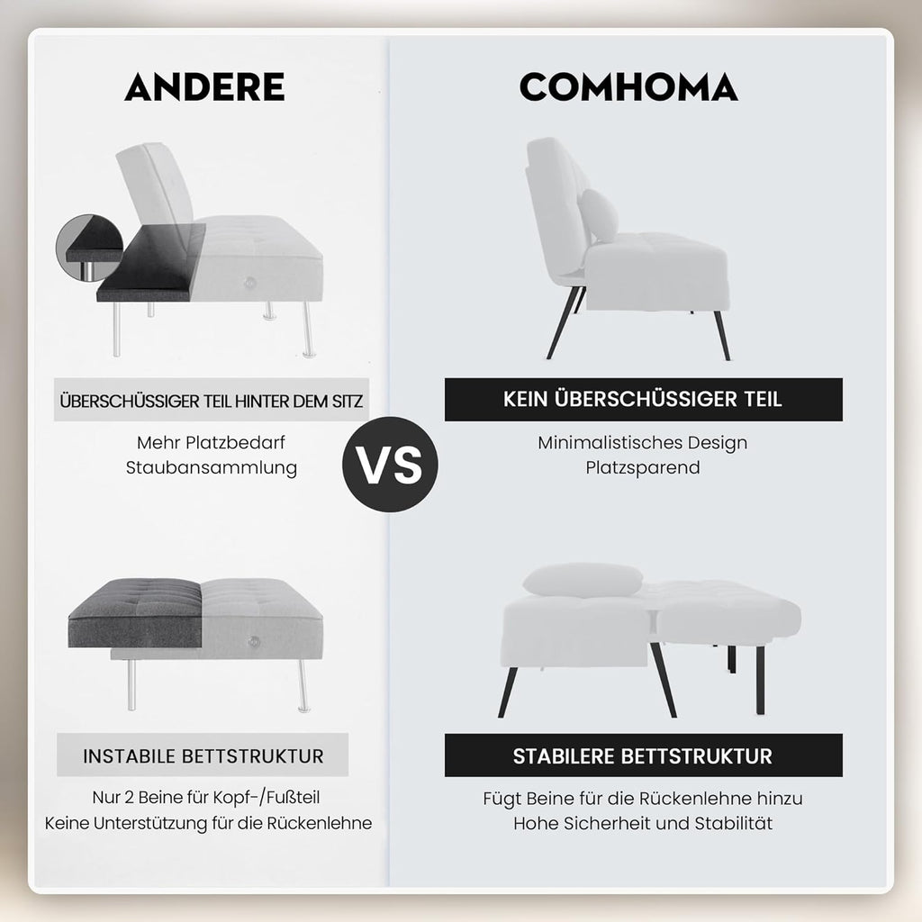 COMHOMA Slaapbank met slaapfunctie - Omvormbare futonhoes - Hoekbank - 3-zits gastenbank - met verstelbare stoffen rugleuning - Grijs 