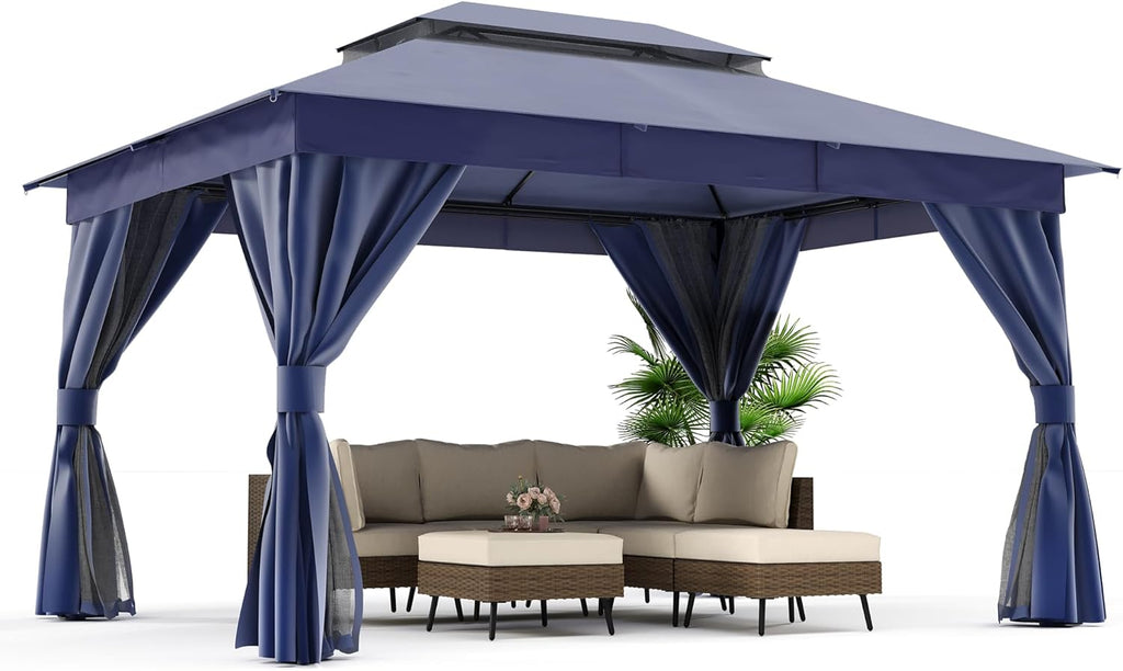 Tente pavillon d'extérieur améliorée à double toit, auvent imperméable UV50+ avec filet et crochets