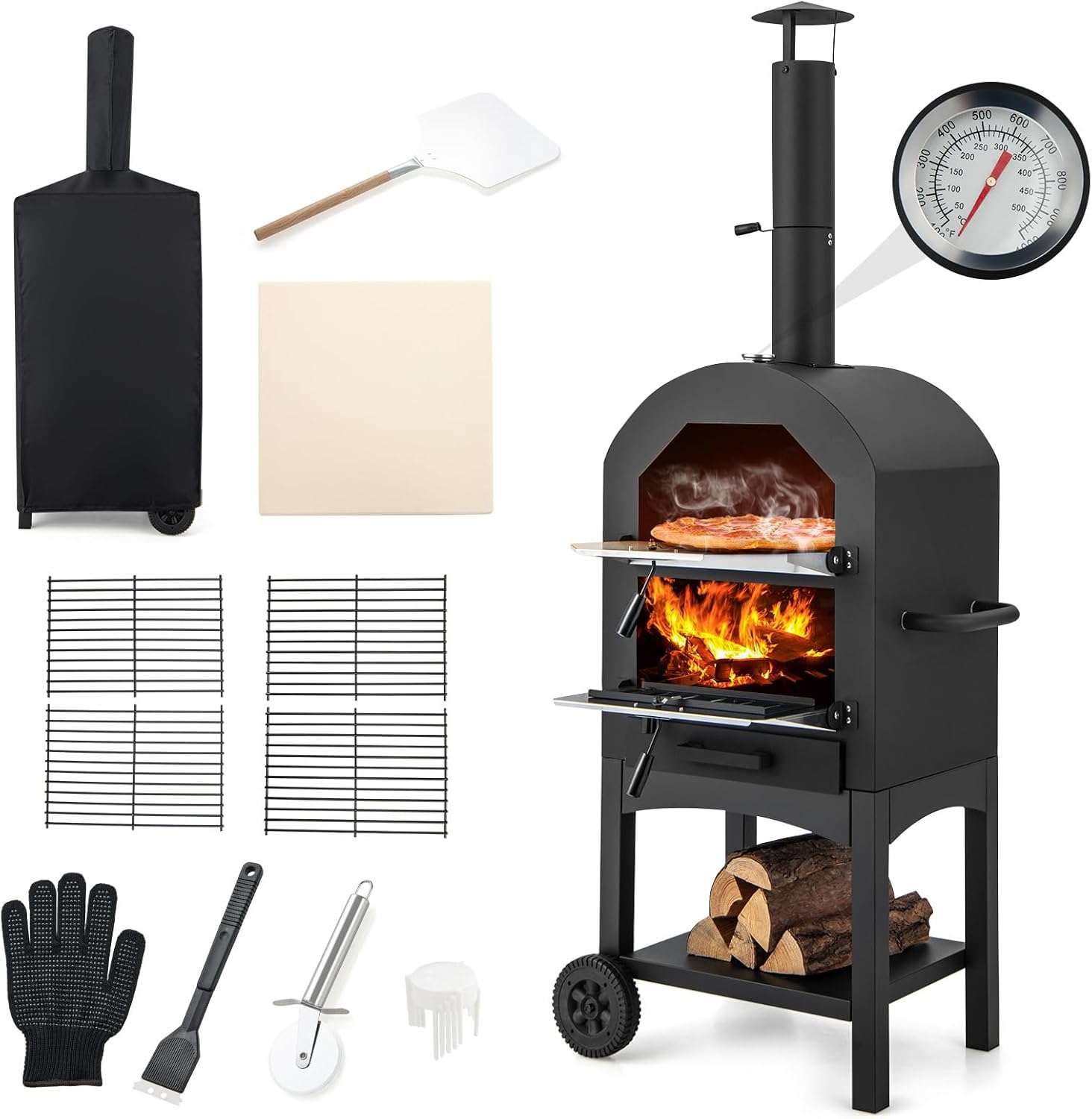 Four à pizza extérieur 162 cm four à pizza à bois ou à granulés avec pierre à pizza thermomètre grill spatule et accessoires complets cuisson pratique adapté au camping fête barbecue