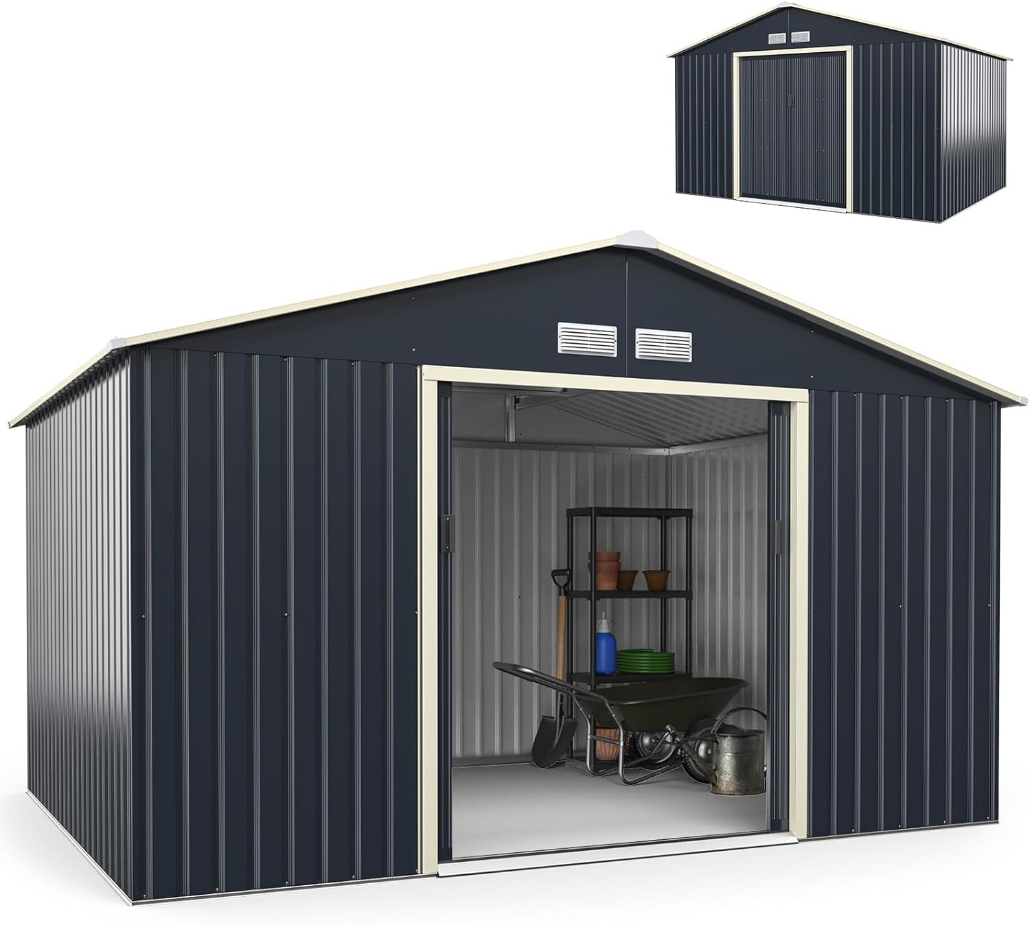 Abri de jardin en métal Costway + 1 kit d'extension avec 2 portes coulissantes verrouillables, 4 trous de ventilation, toit incliné pour vélo