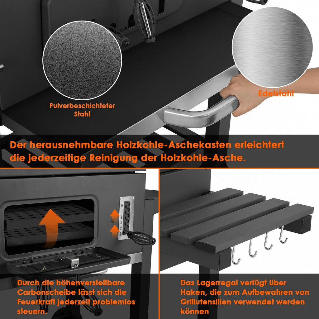 Barbecue Charbon de Bois, Chariot à Barbecue XXL, Grand Barbecue au Charbon de Bois, Grill à Charbon avec Couvercle, 2 Tables d'Appoint, Roues et Thermomètre, BBQ Fumoir, Barbecue de Jardin, Gris