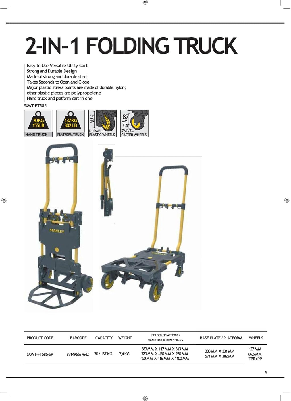 Stanley SXWTD-FT585 Chariot et chariot pliables 2 en 1