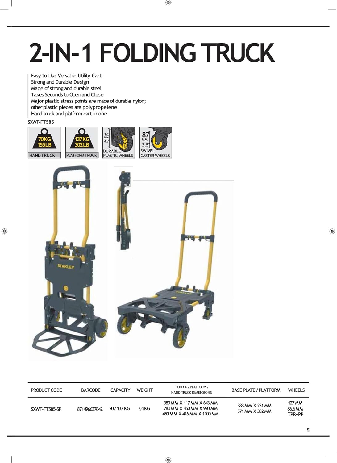 Stanley SXWTD-FT585 Chariot et chariot pliables 2 en 1