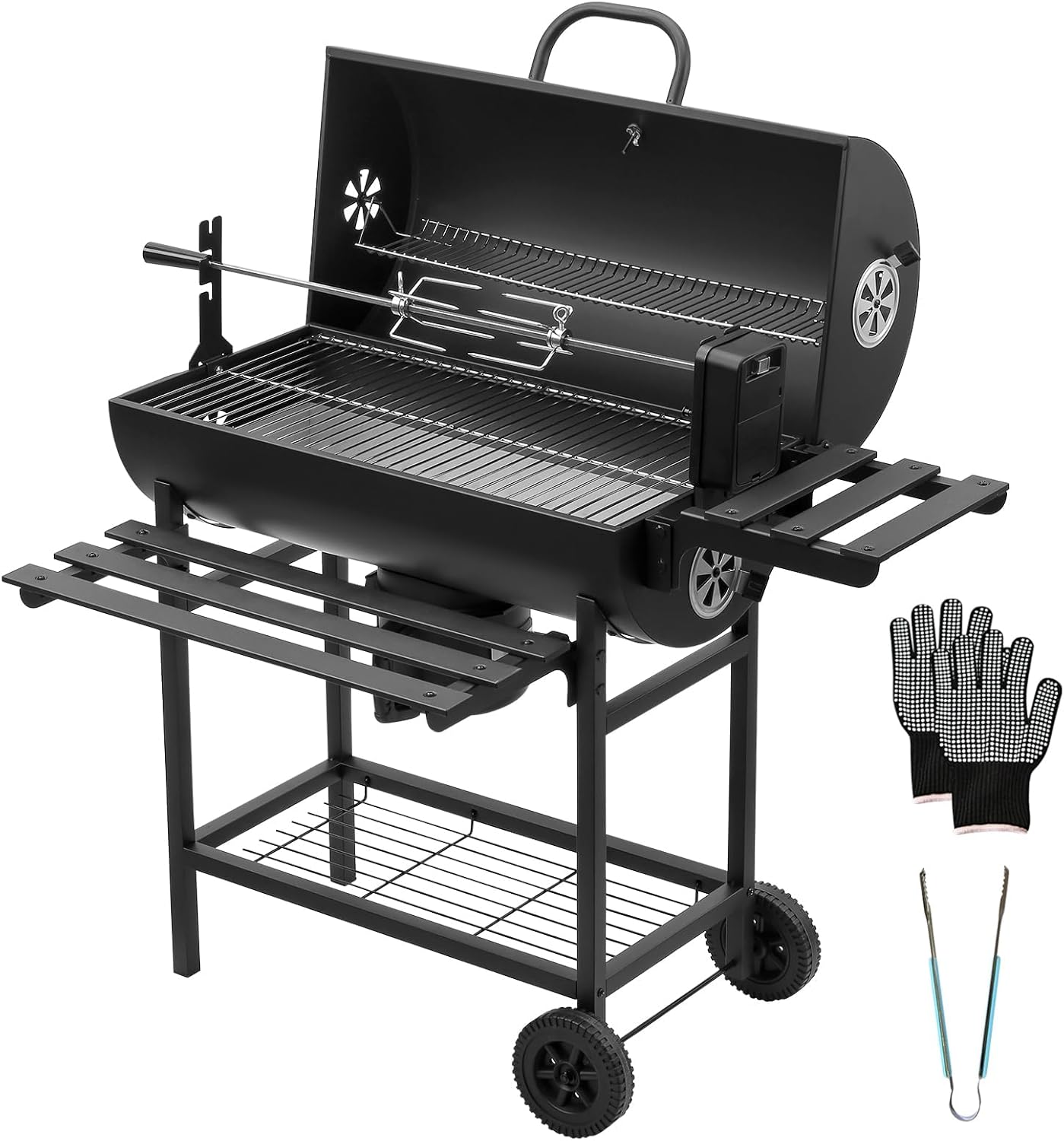 Grill à charbon TEENO, gril de cuisson XXL, gants anti-brûlure, thermomètre, tiroir à cendres,