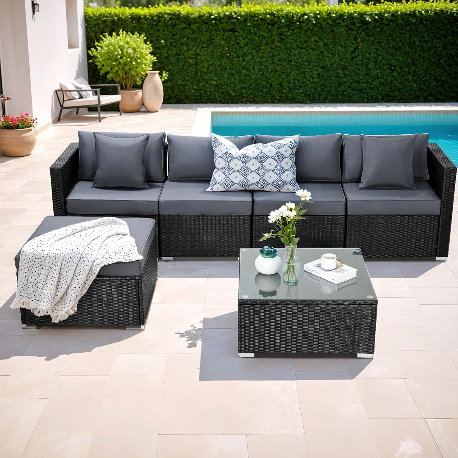 Ensemble de 6 meubles de jardin en rotin synthétique, canapés modulables pour 7 personnes, salon de jardin résistant aux intempéries avec 2 canapés d'angle, 2 fauteuils, 1 table basse avec plateau en verre