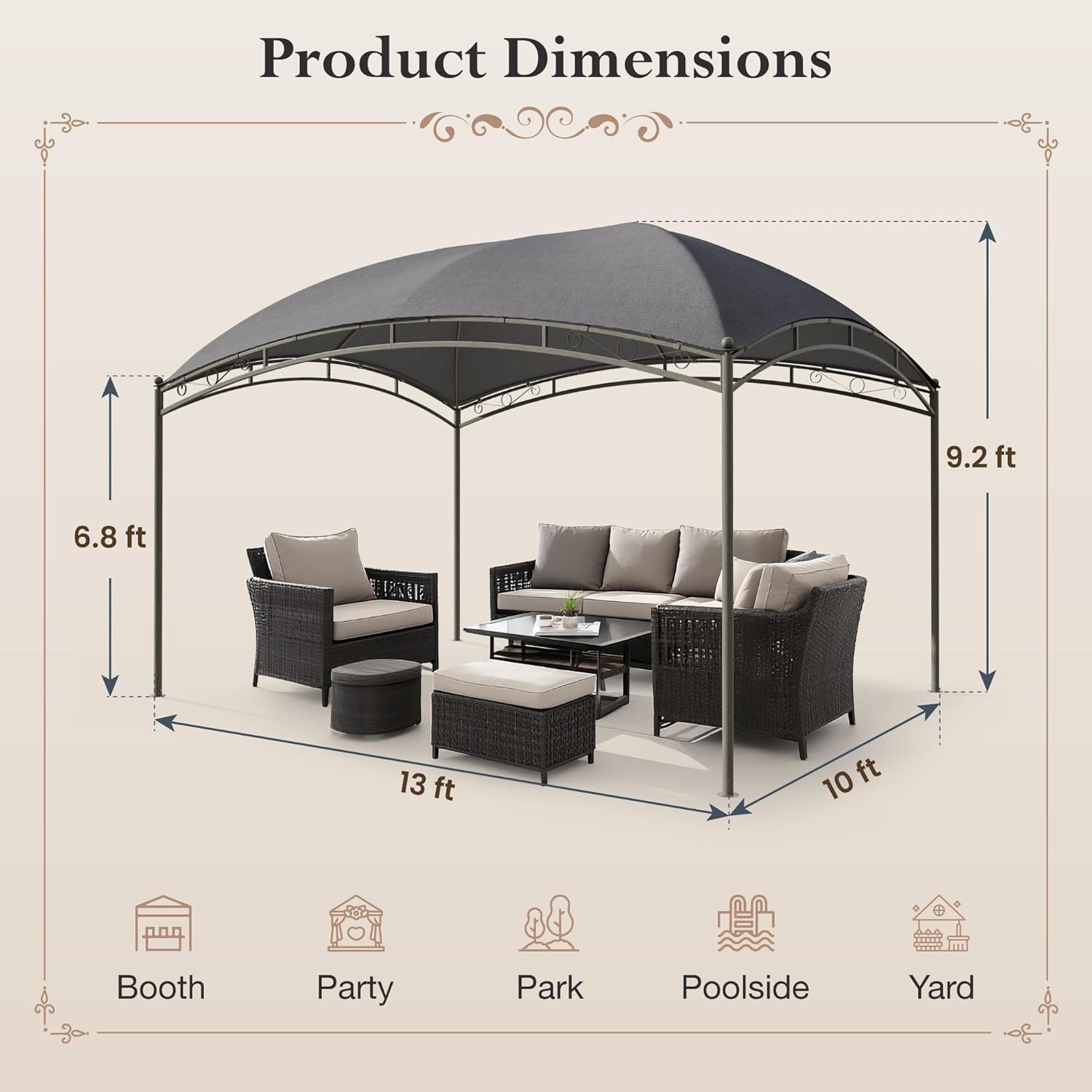 Gazebo 10 x 13, gazebo extérieur abrité, tente à auvent en métal robuste avec double toit et moustiquaire