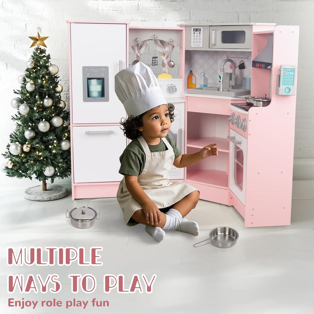 Cuisine enfant en bois rose avec évier, cuisinière et four, cuisine jouet en bois et accessoires pour enfants de 3 ans et plus (rose 2)
