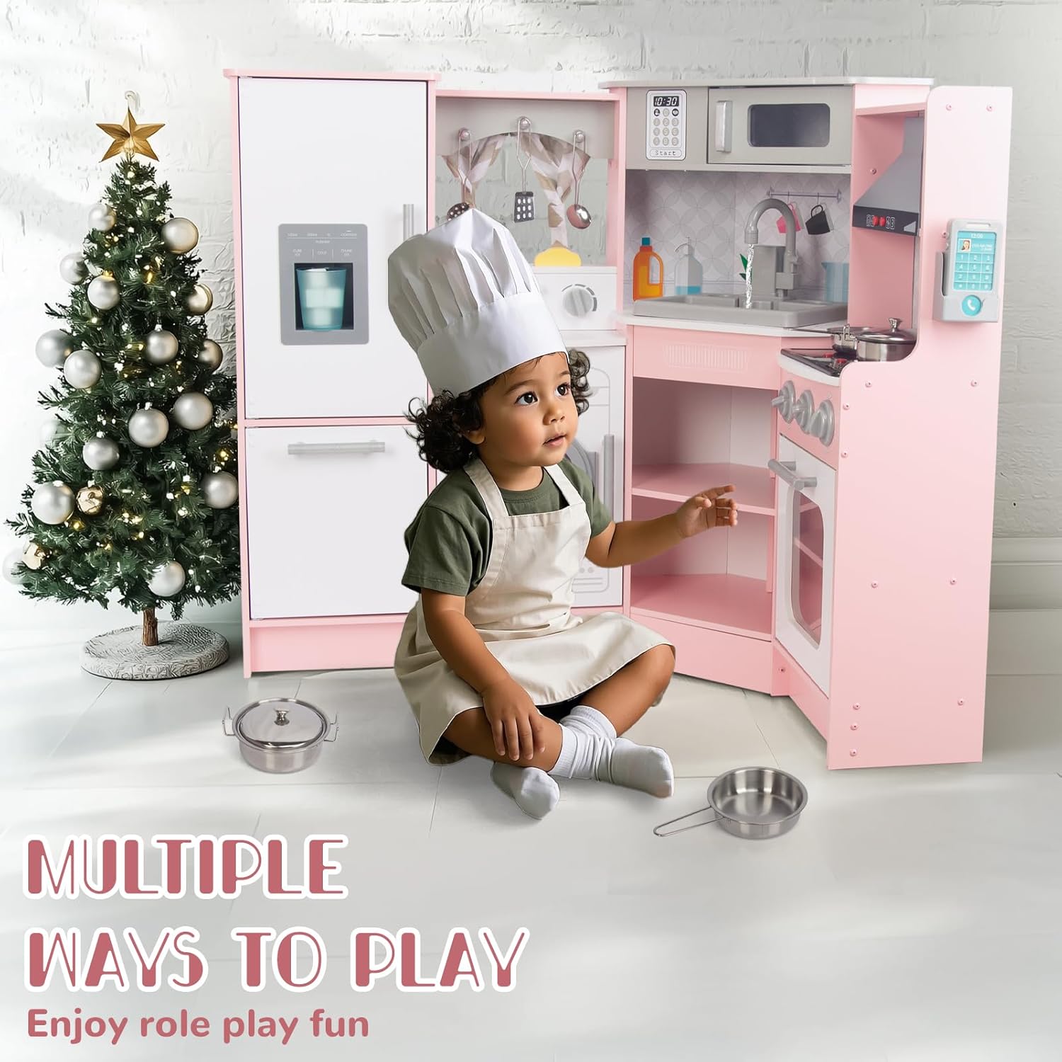 Cuisine enfant en bois rose avec évier, cuisinière et four, cuisine jouet en bois et accessoires pour enfants de 3 ans et plus (rose 2)