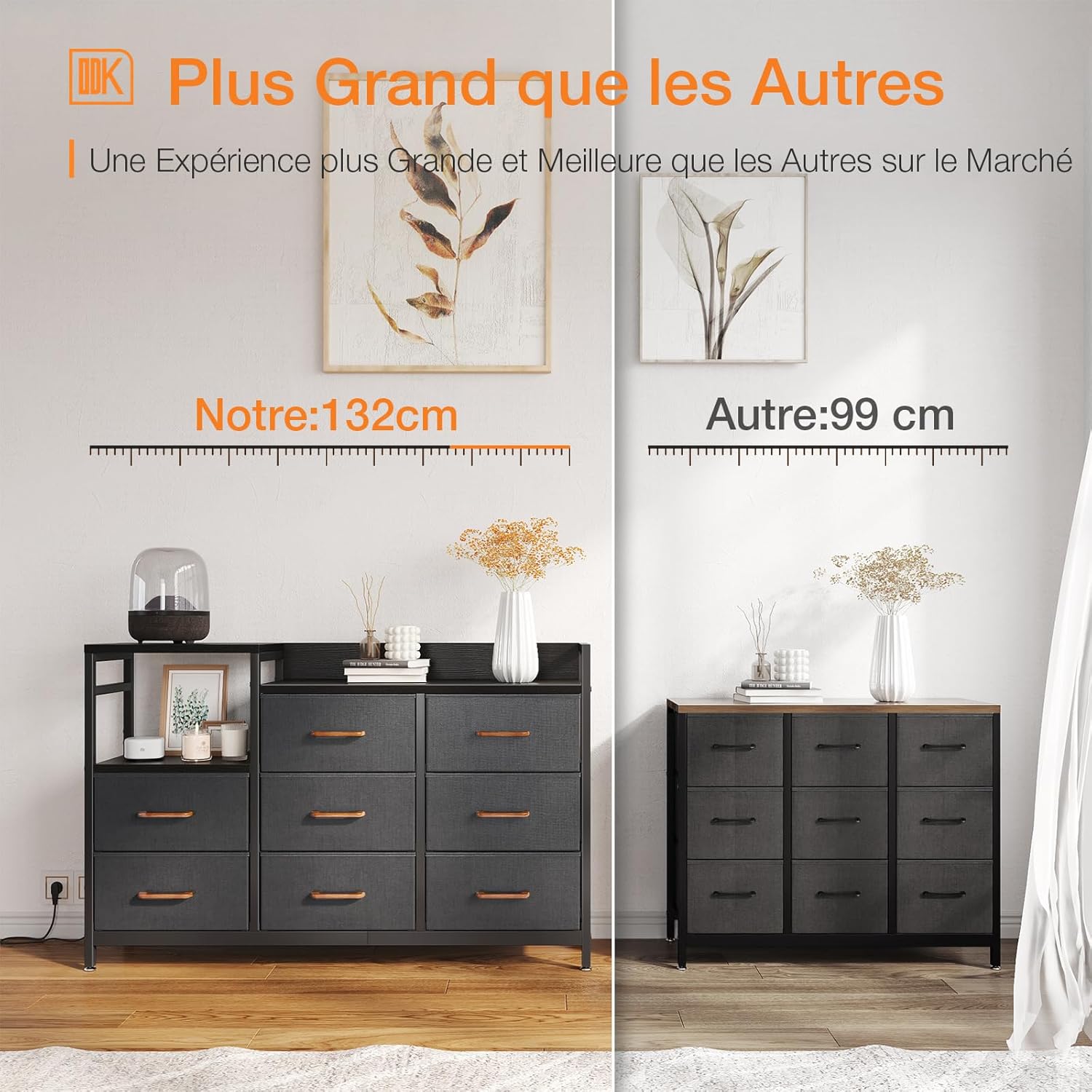 ODK Slaapkamerkast met 2 USB-poorten en 2 stopcontacten, multifunctionele ladekast voor slaapkamer en woonkamer – Stabiel en duurzaam dressoir, 132 x 30 x 88 cm, Vintage en zwart 