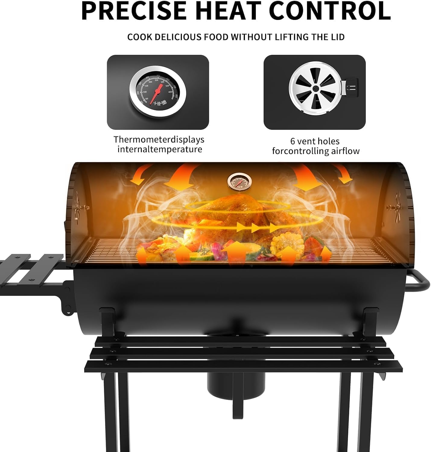 Grill à charbon TEENO, gril de cuisson XXL, gants anti-brûlure, thermomètre, tiroir à cendres,